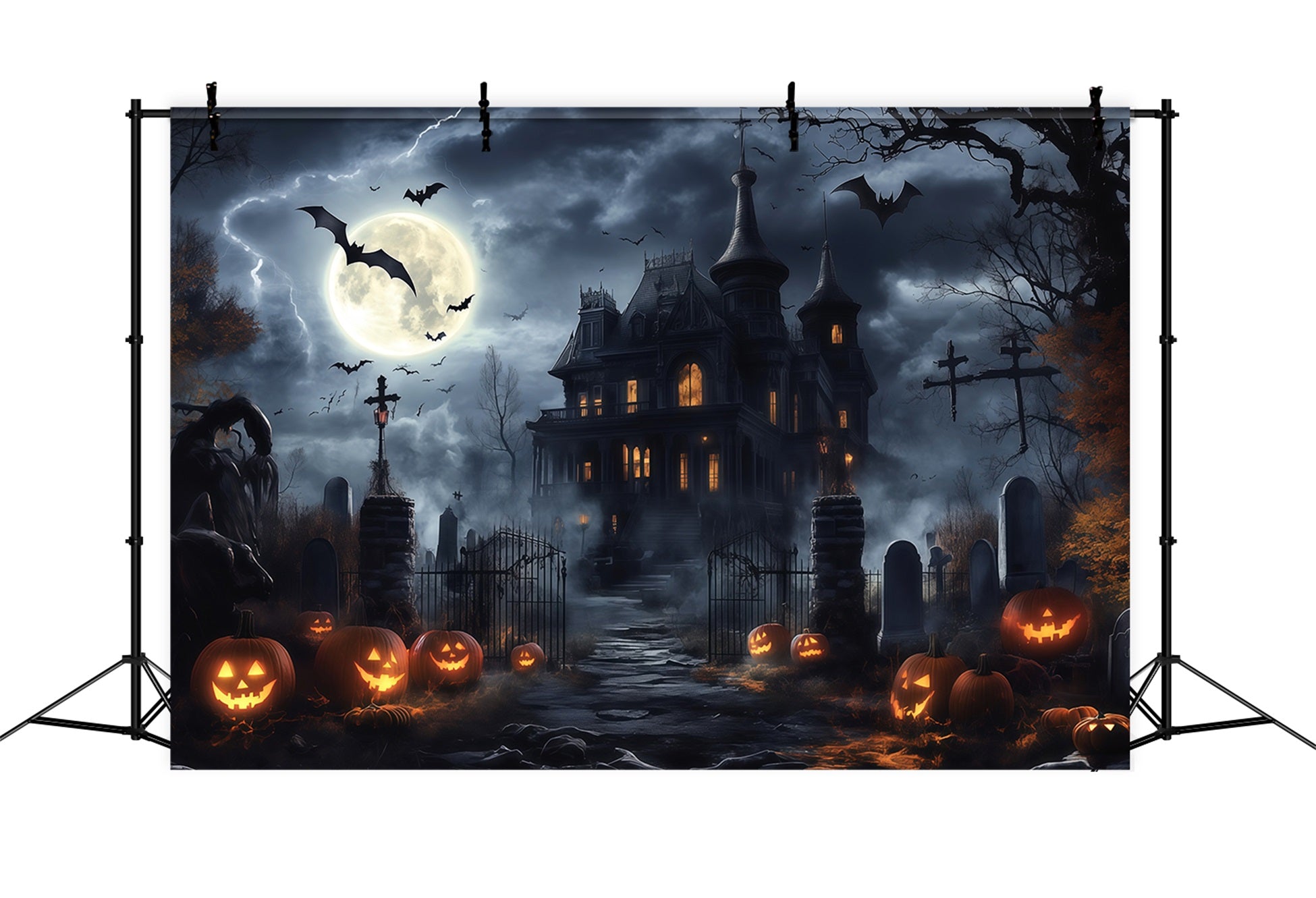 Halloween Spooky Backdrop Stormy Mansion Pumpkin Graveyard Spooky Halloween Backdrops RR67-24