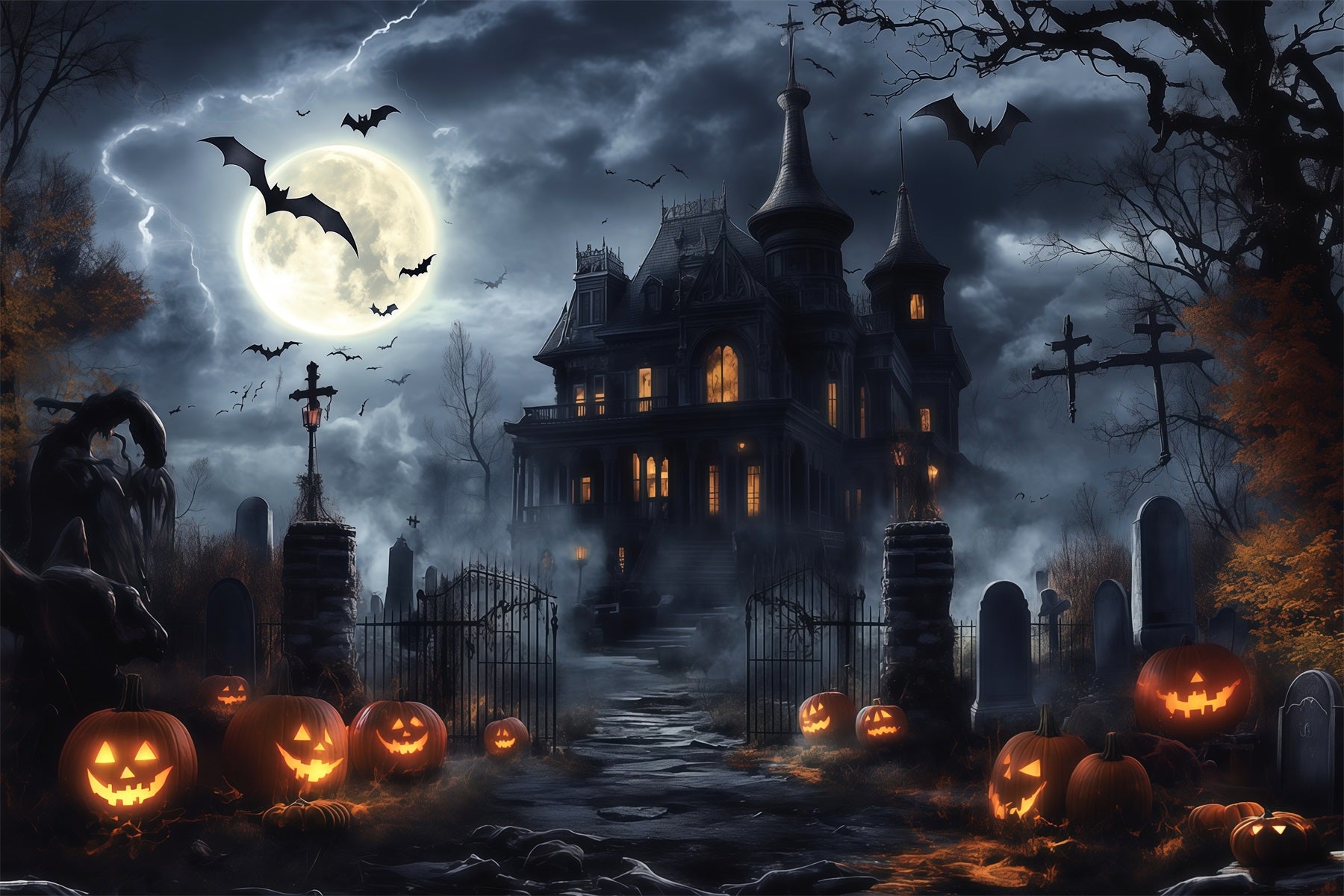 Halloween Spooky Backdrop Stormy Mansion Pumpkin Graveyard Spooky Halloween Backdrops RR67-24