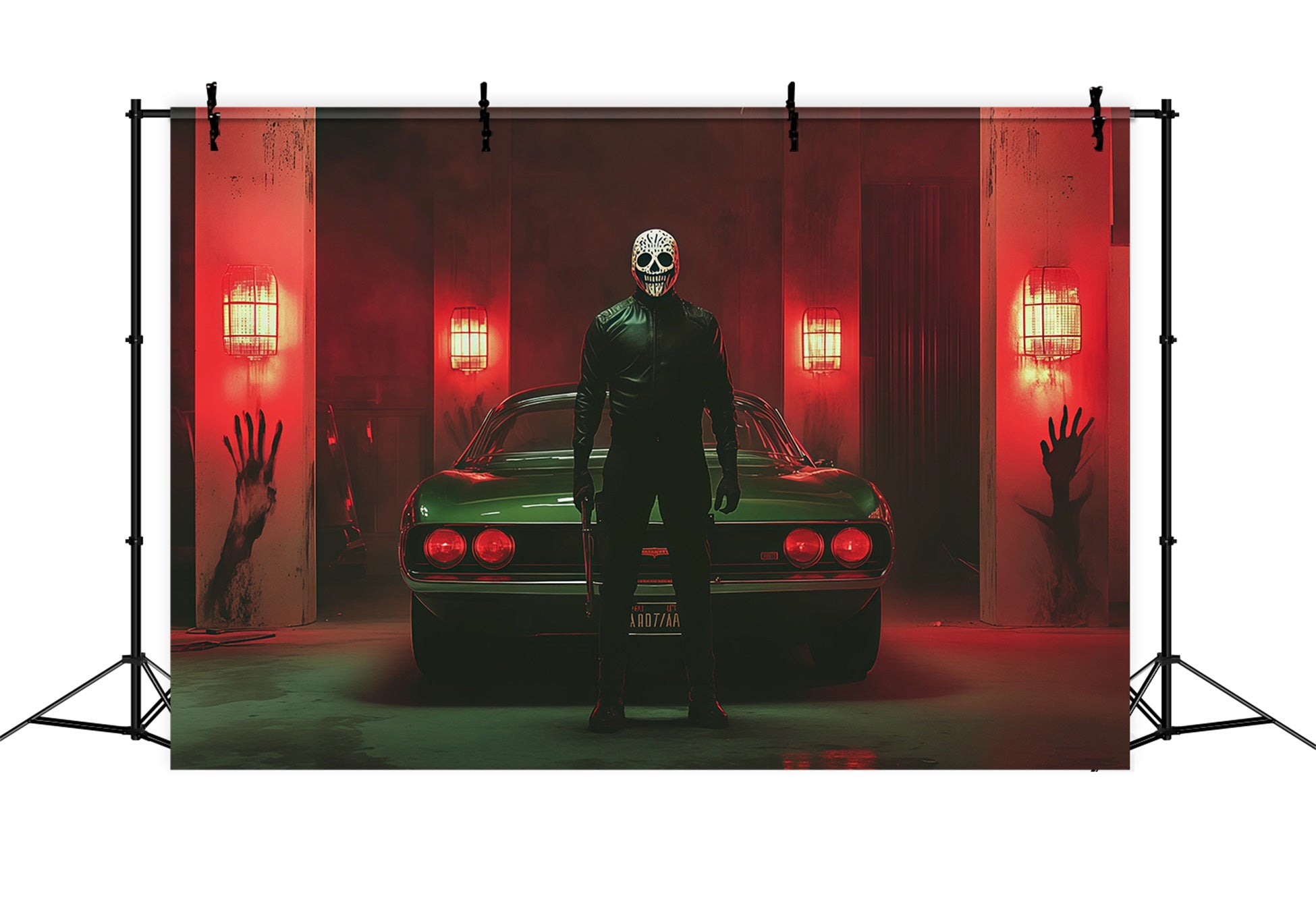 Halloween Garage Backdrop Masked Killer Car Bloody Handprint Backdrops For Halloween RR67-25