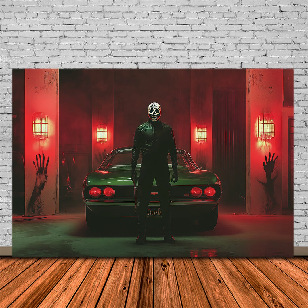 Halloween Garage Backdrop Masked Killer Car Bloody Handprint Backdrops For Halloween RR67-25