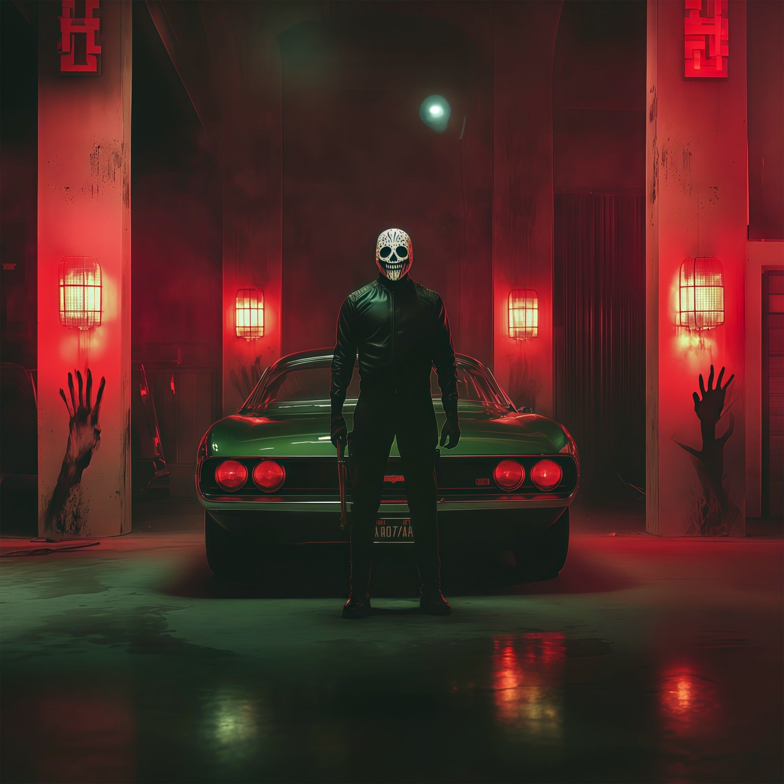 Halloween Garage Backdrop Masked Killer Car Bloody Handprint Backdrops For Halloween RR67-25