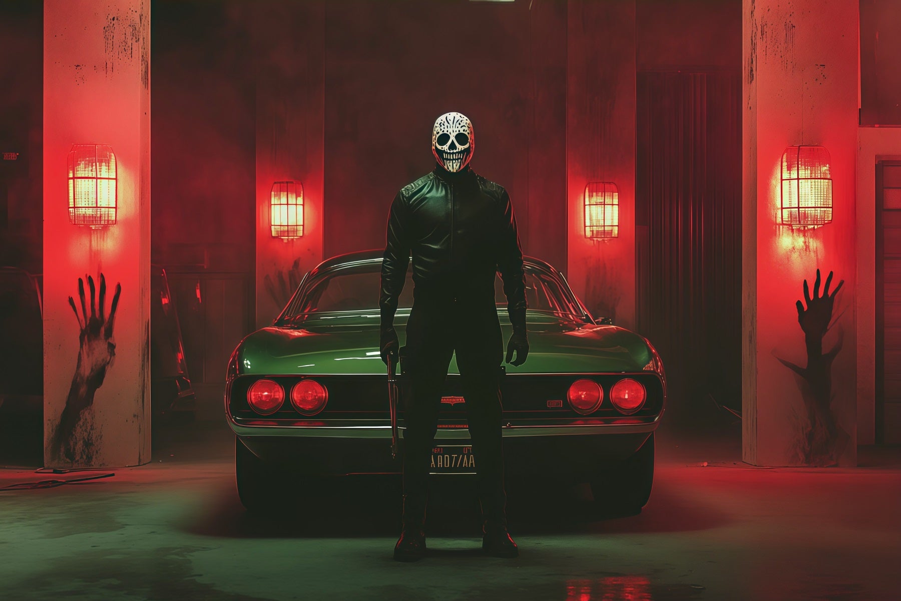 Halloween Garage Backdrop Masked Killer Car Bloody Handprint Backdrops For Halloween RR67-25