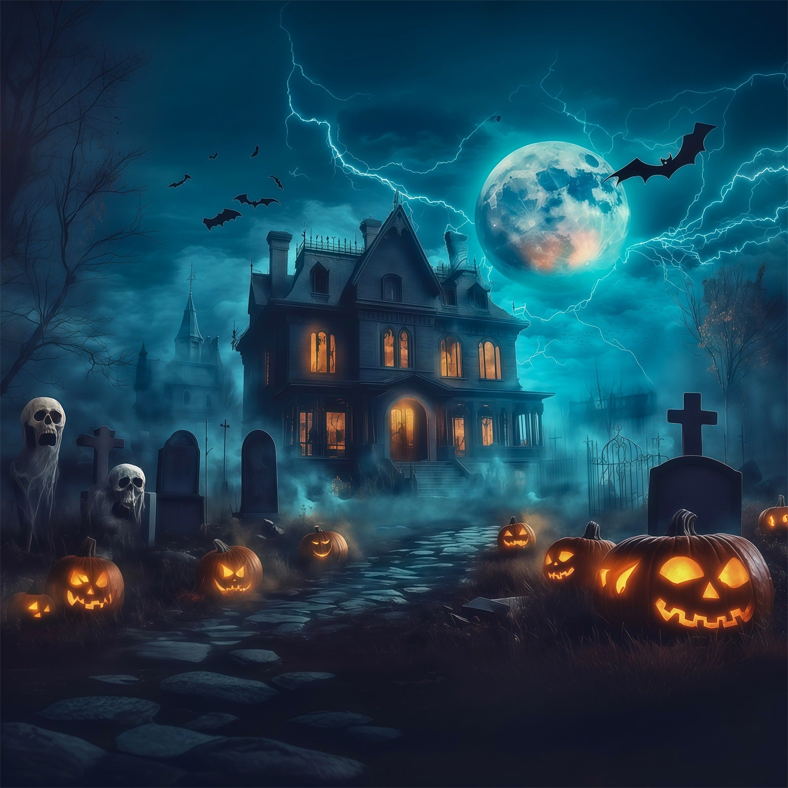 Halloween House Backdrop Lightning Mansion Pumpkin Graveyard Halloween Cemetery Backdrop RR67-27