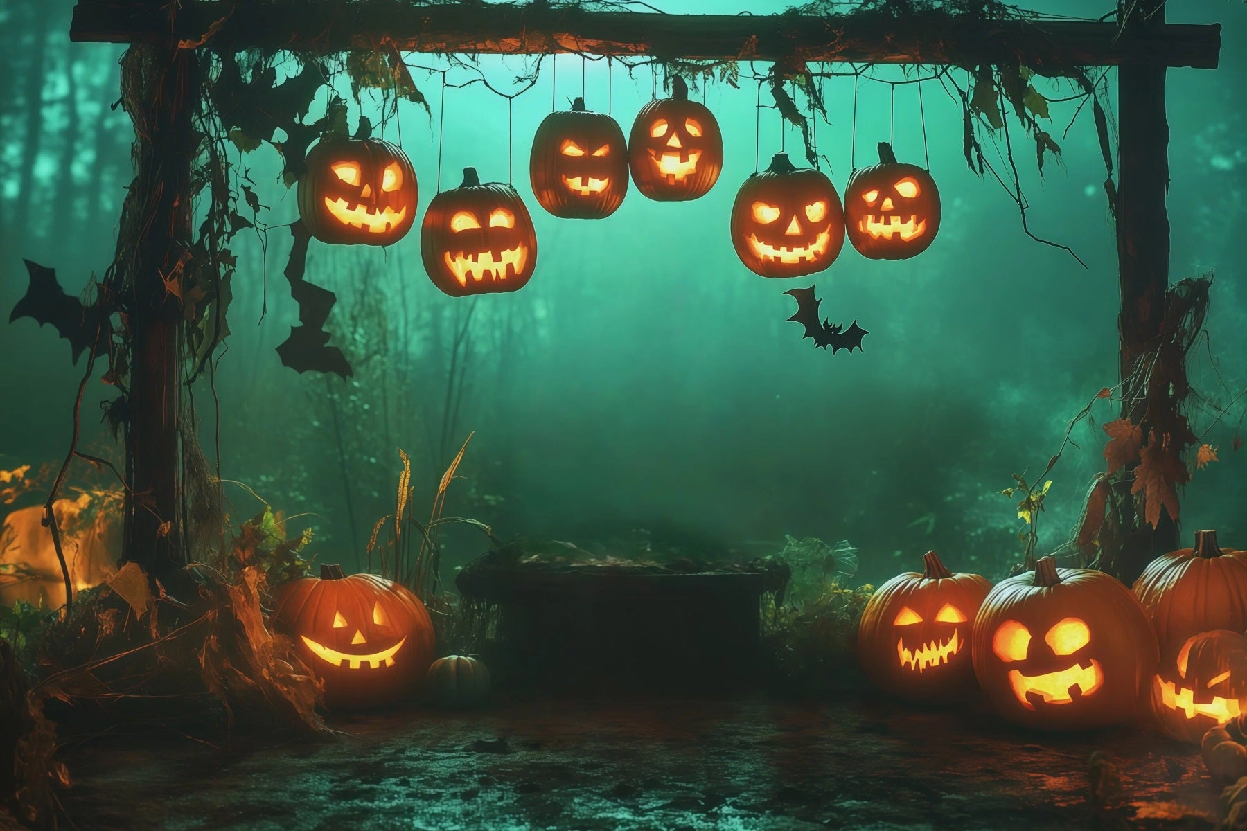 Scary Halloween Backdrop Ideas Hanging Pumpkin Forest Arch Halloween Photoshoot Backdrop RR67-28