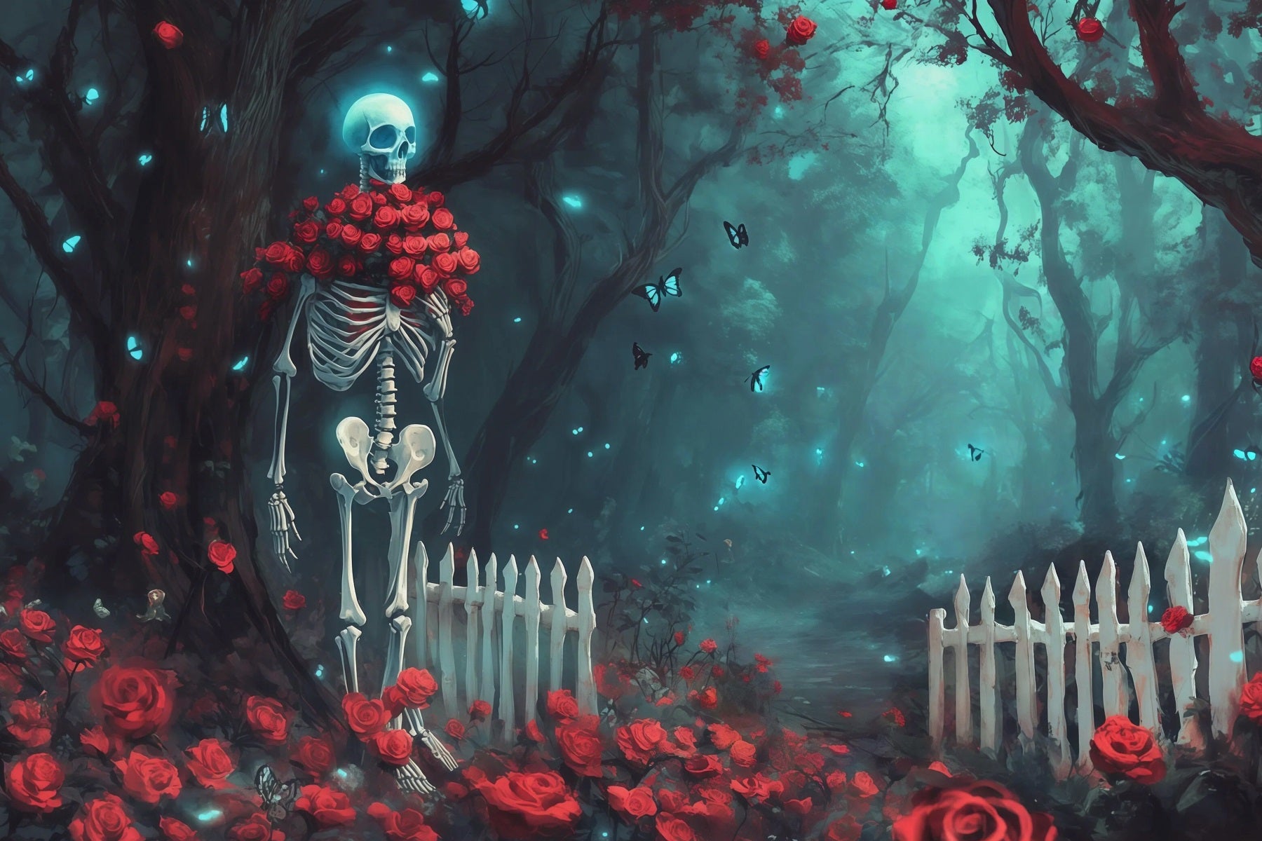 Fabric Halloween Backdrop Skeleton Rose Forest Path Halloween Backdrop For Pictures RR67-29