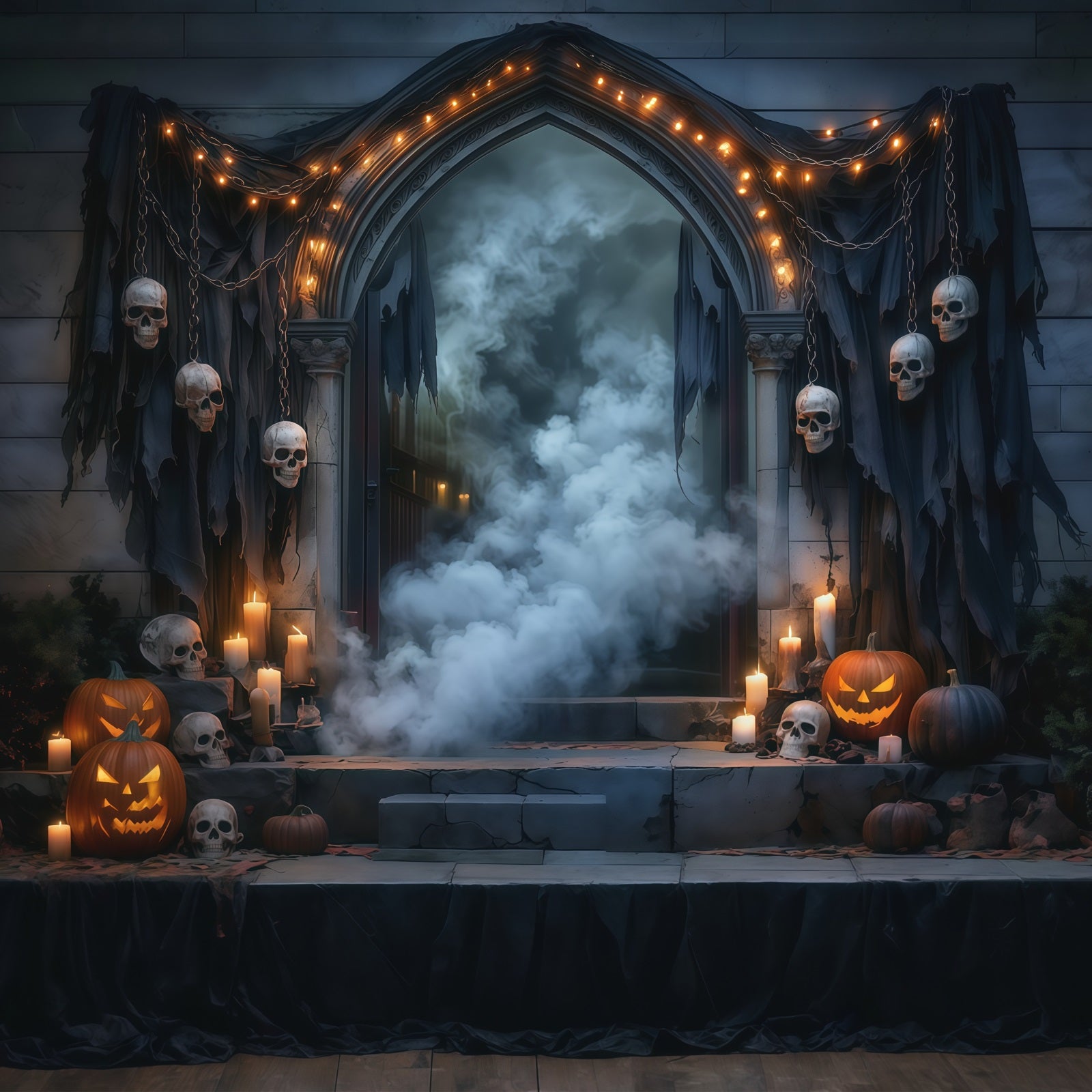 DIY Halloween Backdrop Ideas Skull Draped Foggy Doorway Scary Backdrops For Halloween RR67-31