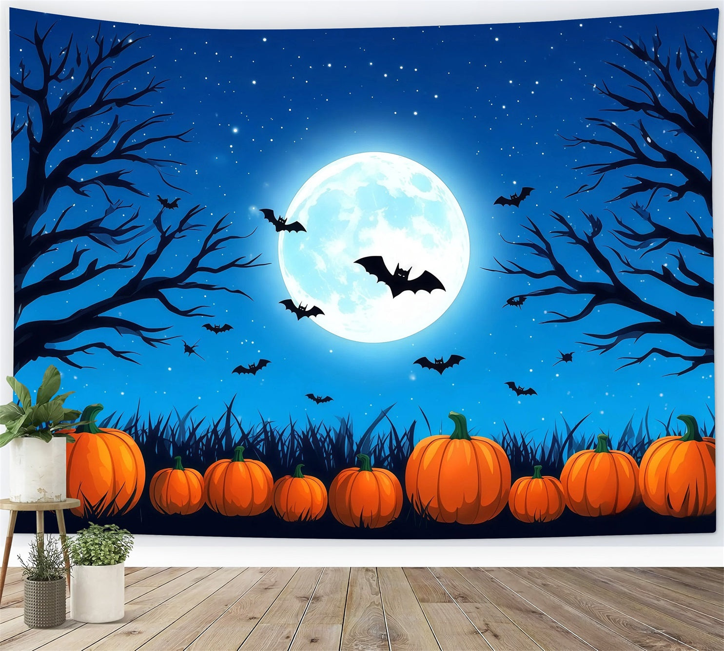 Halloween Backdrop Photo Booth Blue Moon Pumpkin Bats Backdrops Halloween RR67-34