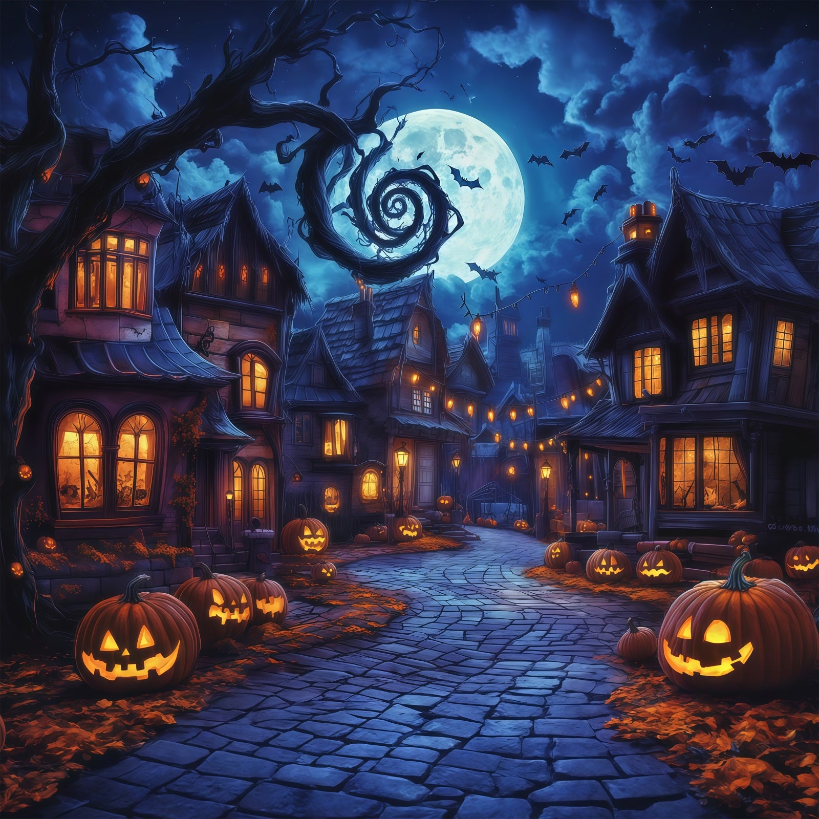 Photography Backdrops Halloween Spooky Village Pumpkin Street Halloween Town Backdrop RR67-37