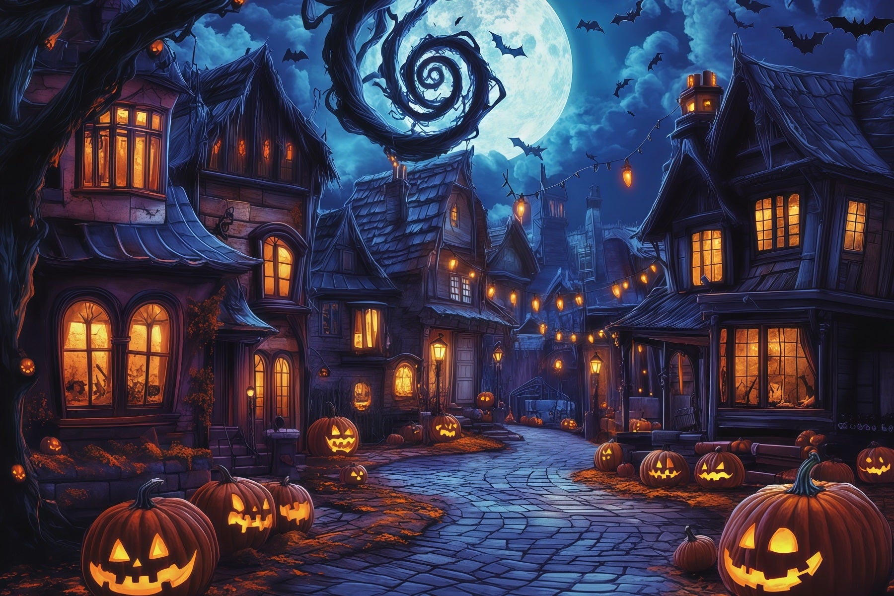 Photography Backdrops Halloween Spooky Village Pumpkin Street Halloween Town Backdrop RR67-37