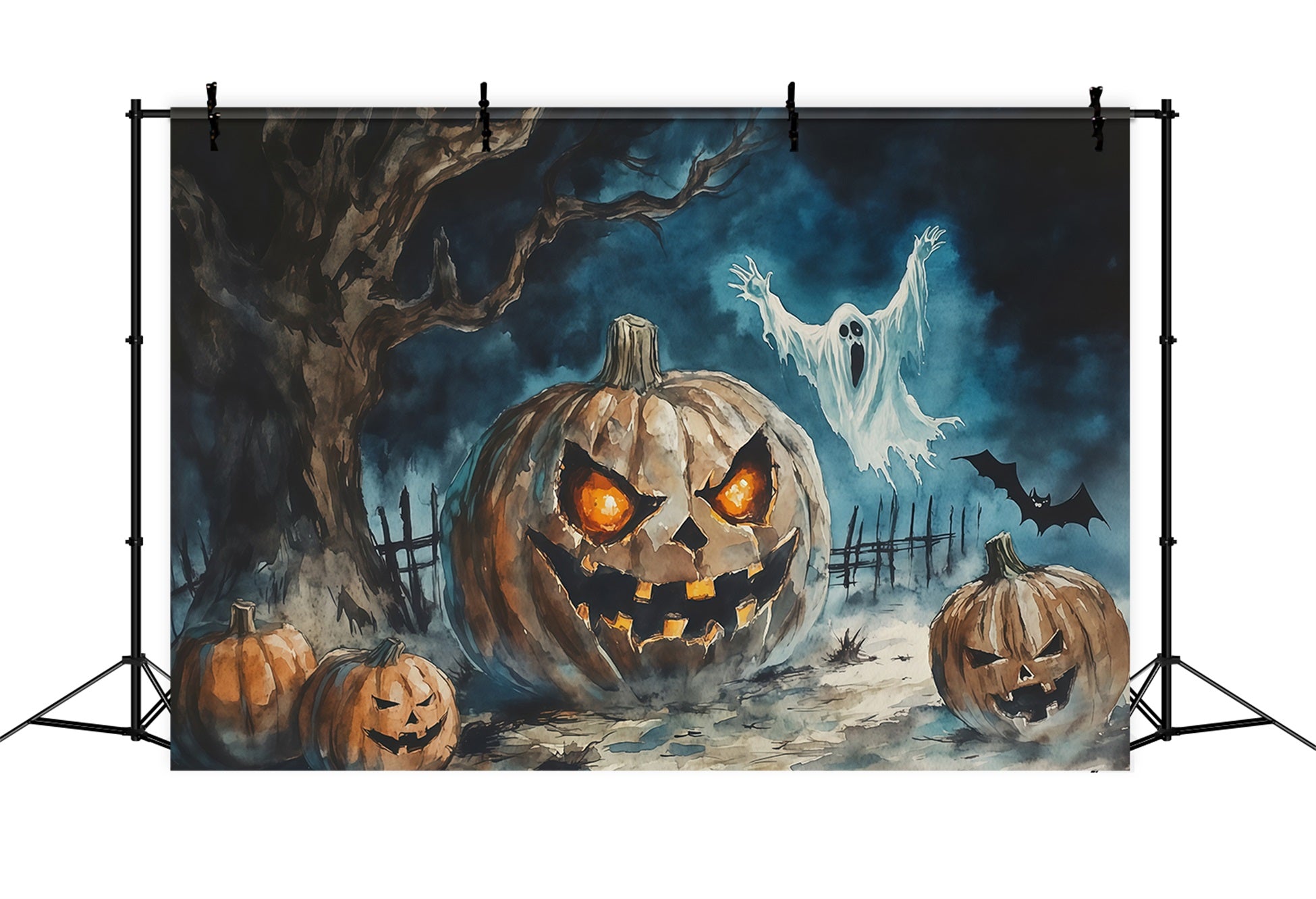 Halloween Backdrop Photography Watercolor Pumpkin Ghost Tree Halloween Scary Backdrop RR67-42