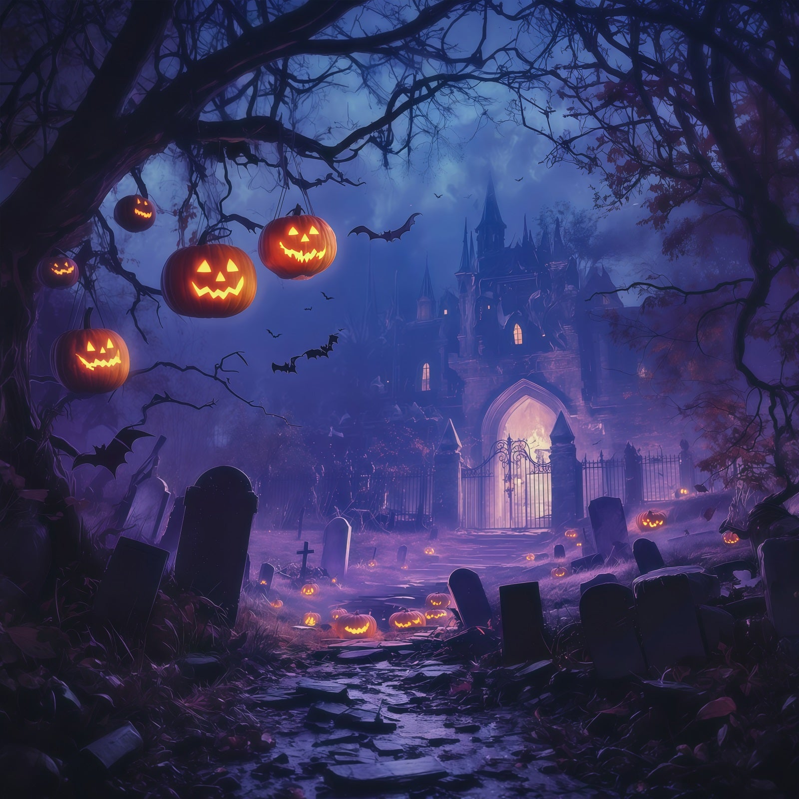 Halloween Backdrop Ideas DIY Purple Castle Pumpkin Graveyard Purple Halloween Backdrop RR67-44