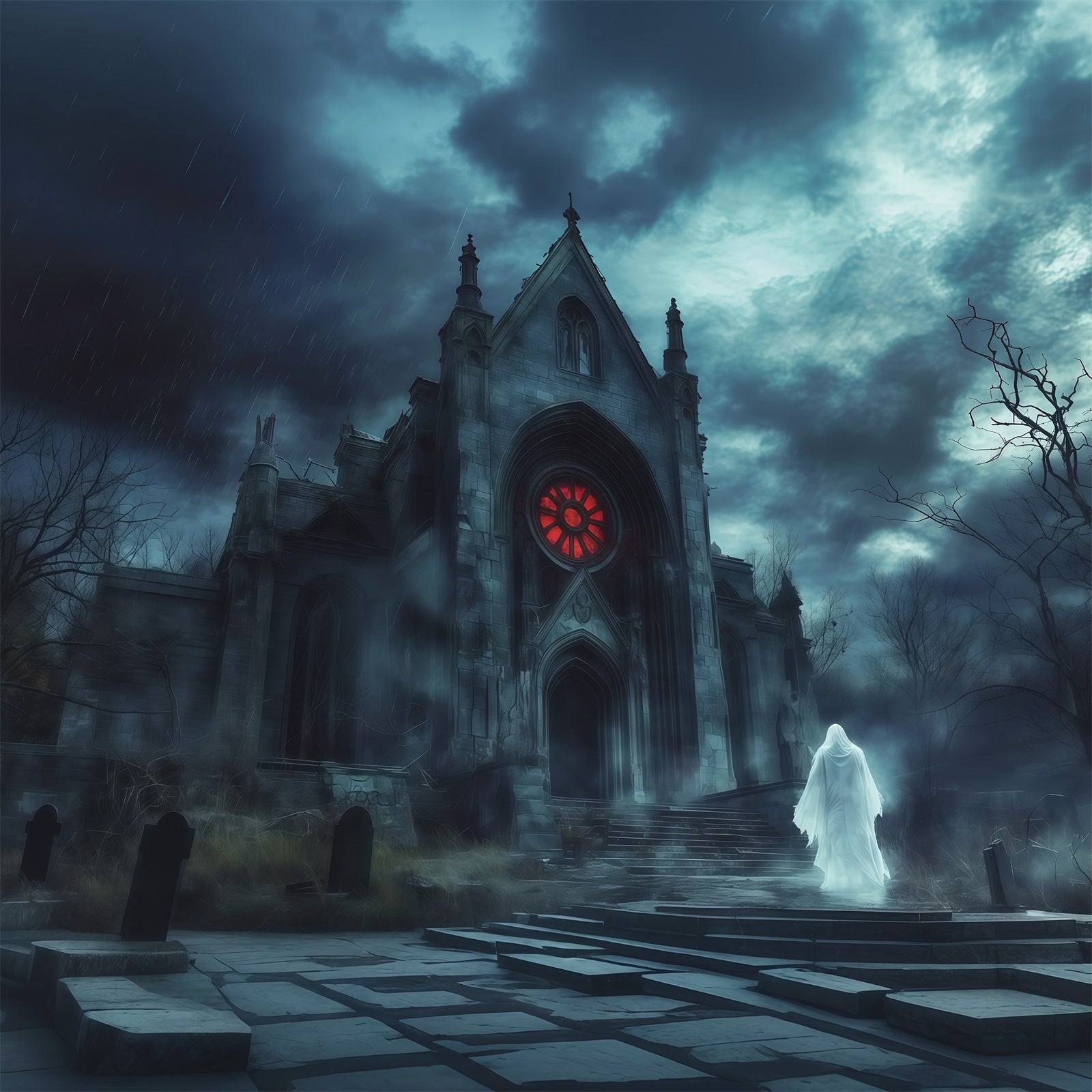 Halloween Party Photo Backdrop Ideas Rainy Gothic Chapel Ghost Creepy Halloween Backdrop RR67-45