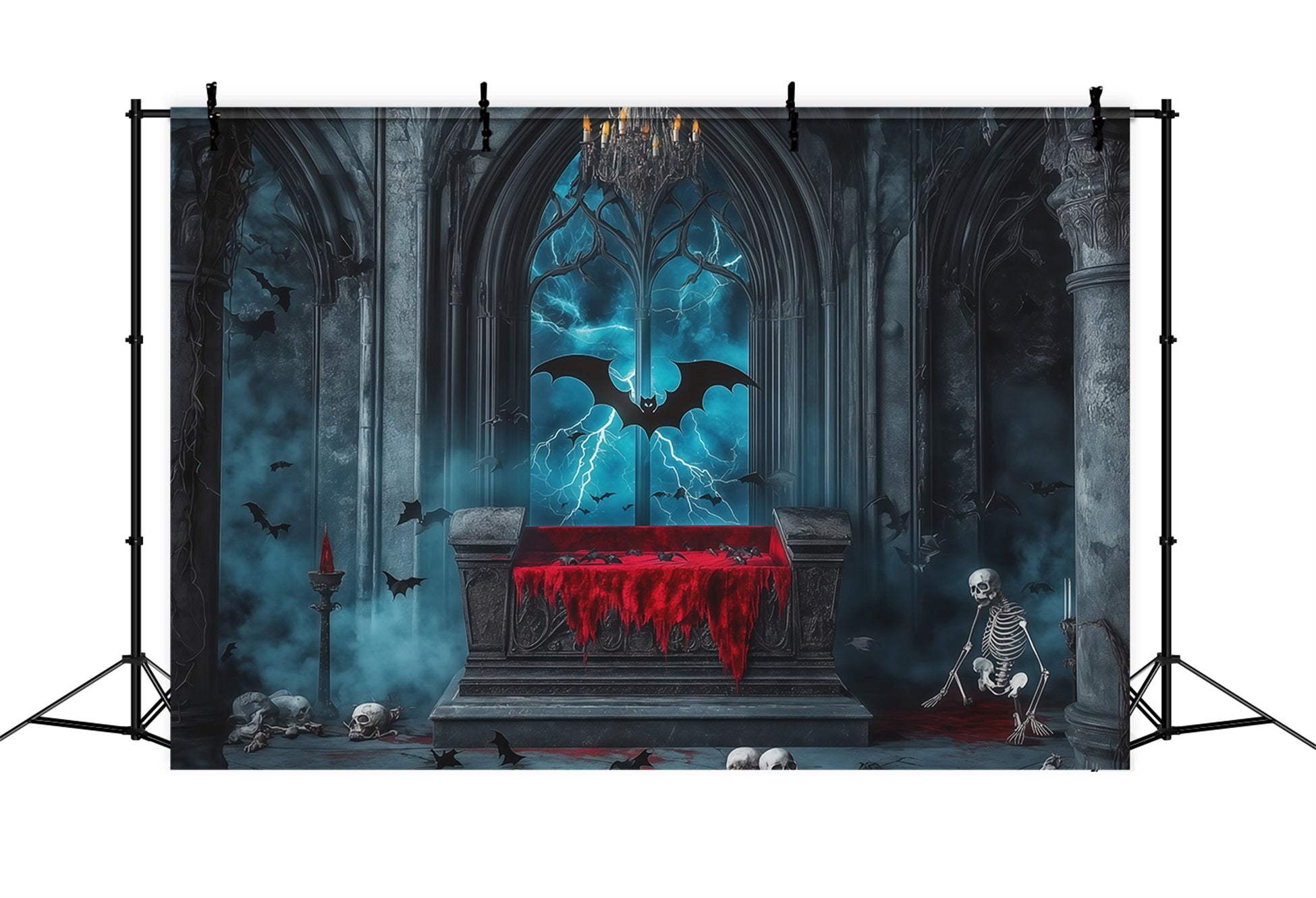 Halloween Scene Backdrop Gothic Coffin Skeleton Bats Backdrop For Halloween RR67-46
