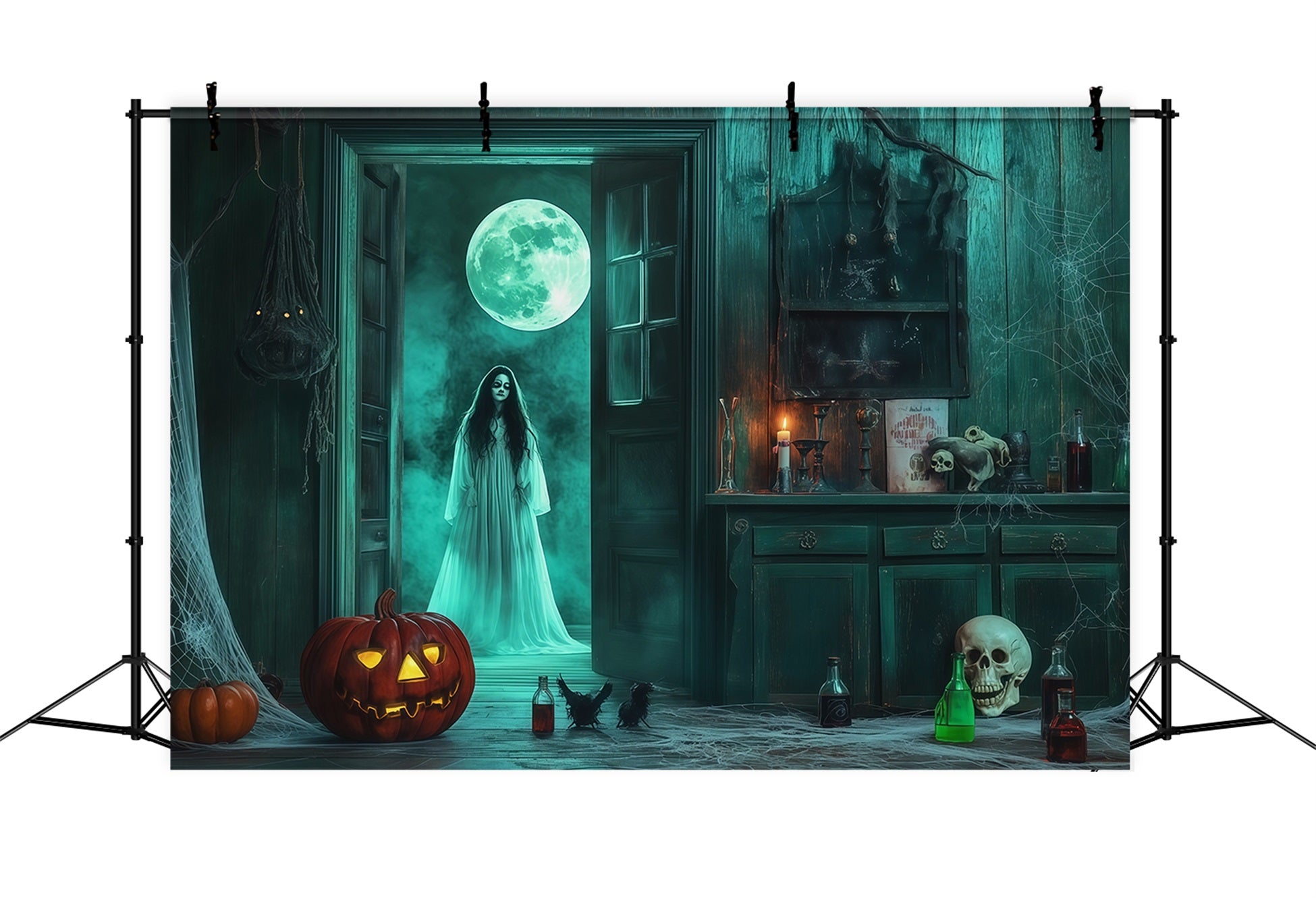 Scary Halloween Photo Backdrops Ghostly Moon Cabinet Room Happy Halloween Backdrop RR67-47