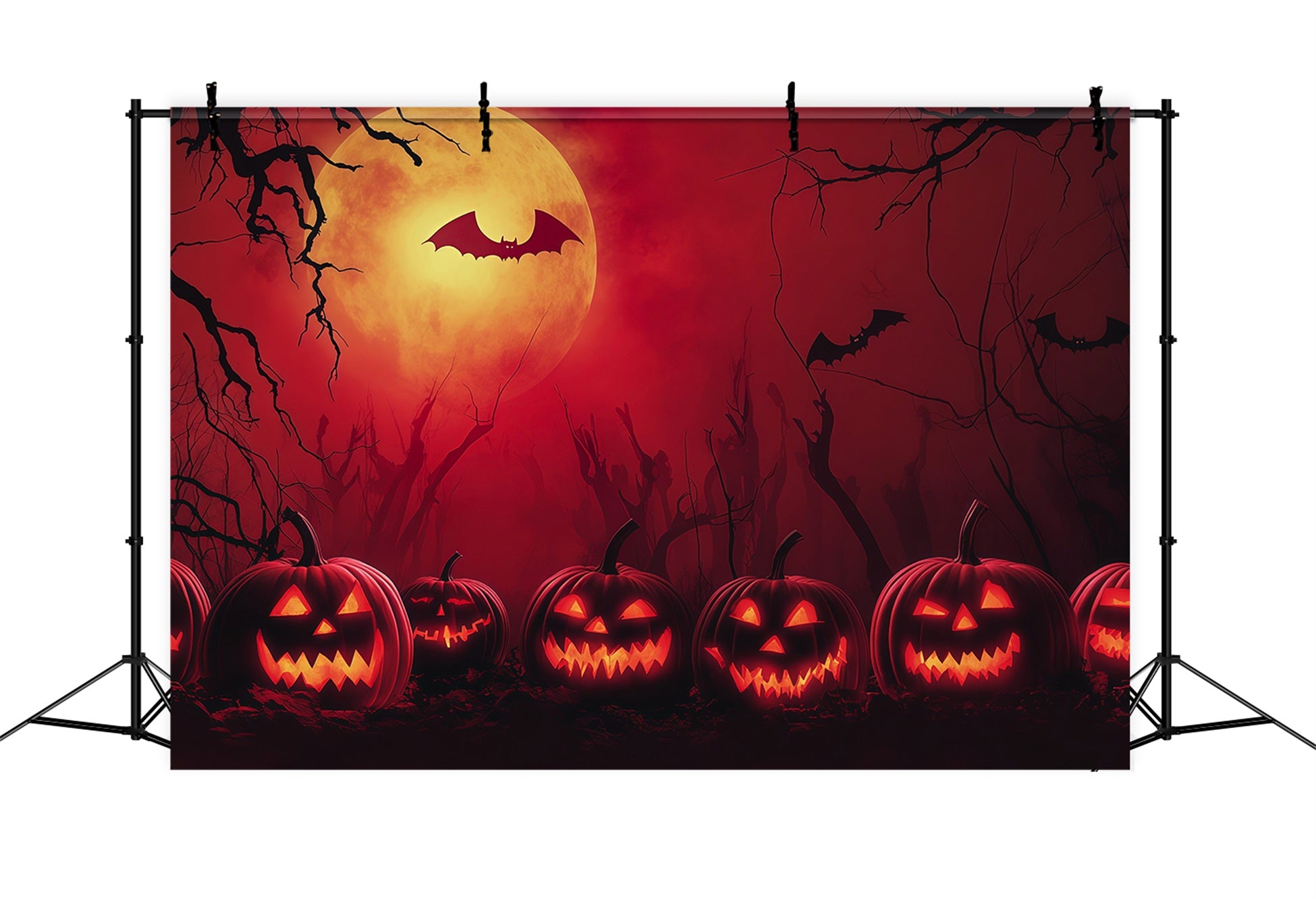 Simple Halloween Backdrop Red Moon Pumpkin Bats Extra Large Halloween Backdrop RR67-48