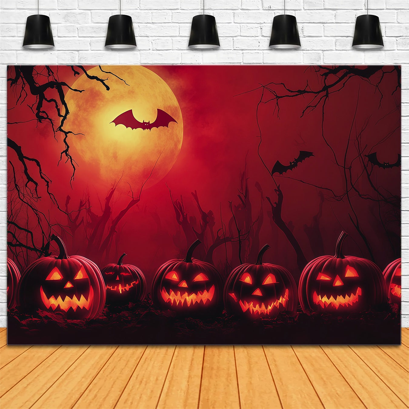 Simple Halloween Backdrop Red Moon Pumpkin Bats Extra Large Halloween Backdrop RR67-48