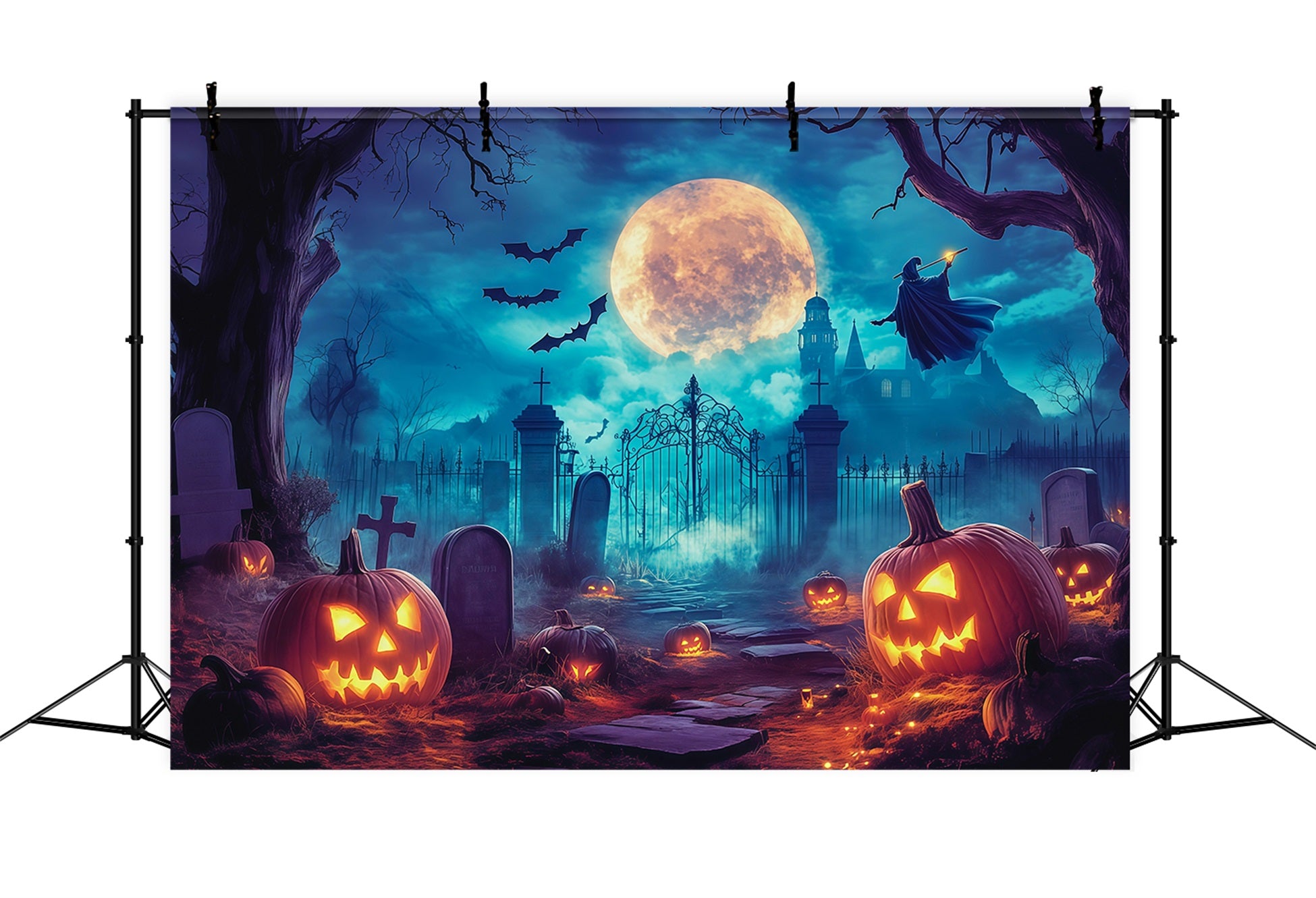 Halloween Themed Backdrops Moonlit Witch Pumpkin Graveyard Halloween Backdrop Ideas RR67-5
