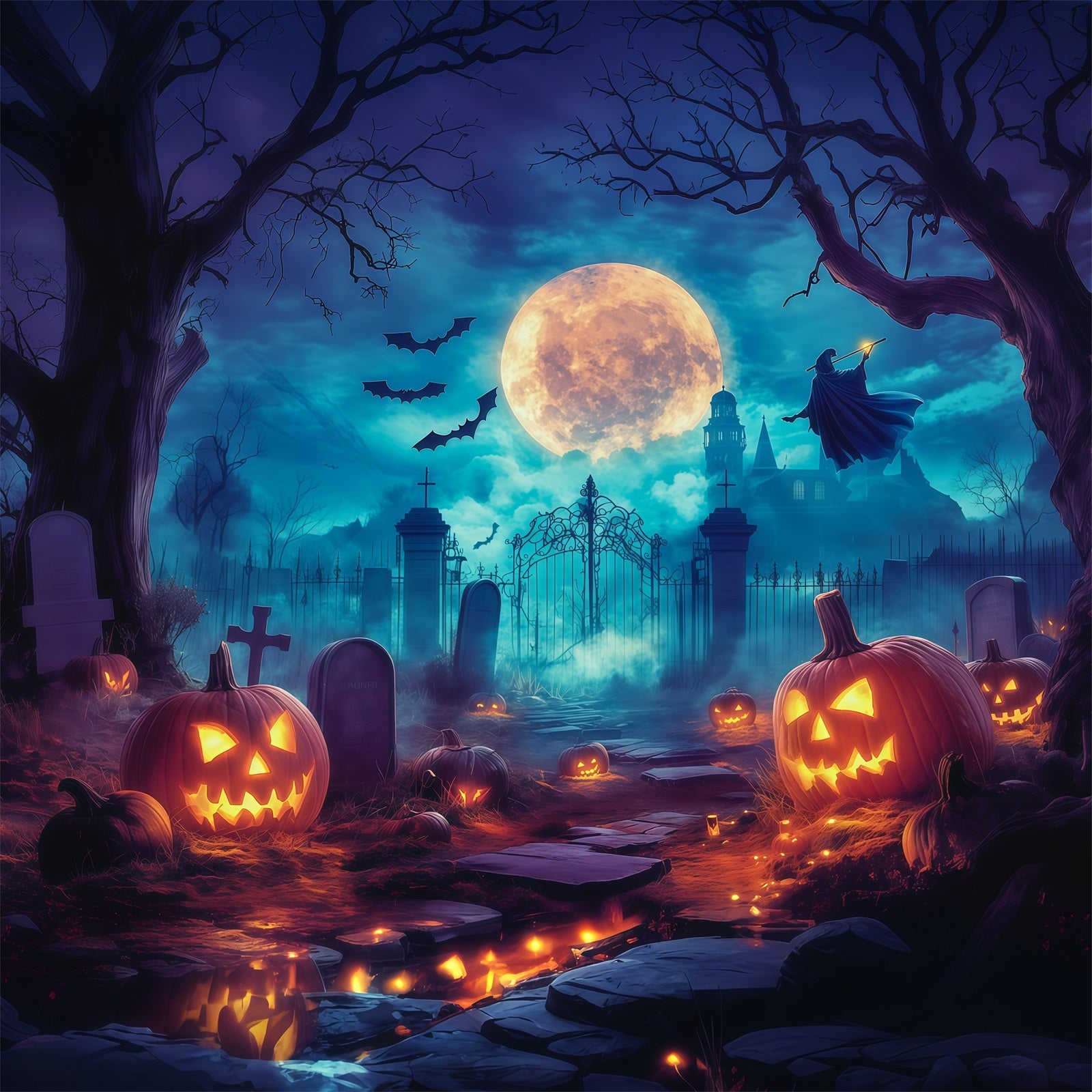 Halloween Themed Backdrops Moonlit Witch Pumpkin Graveyard Halloween B