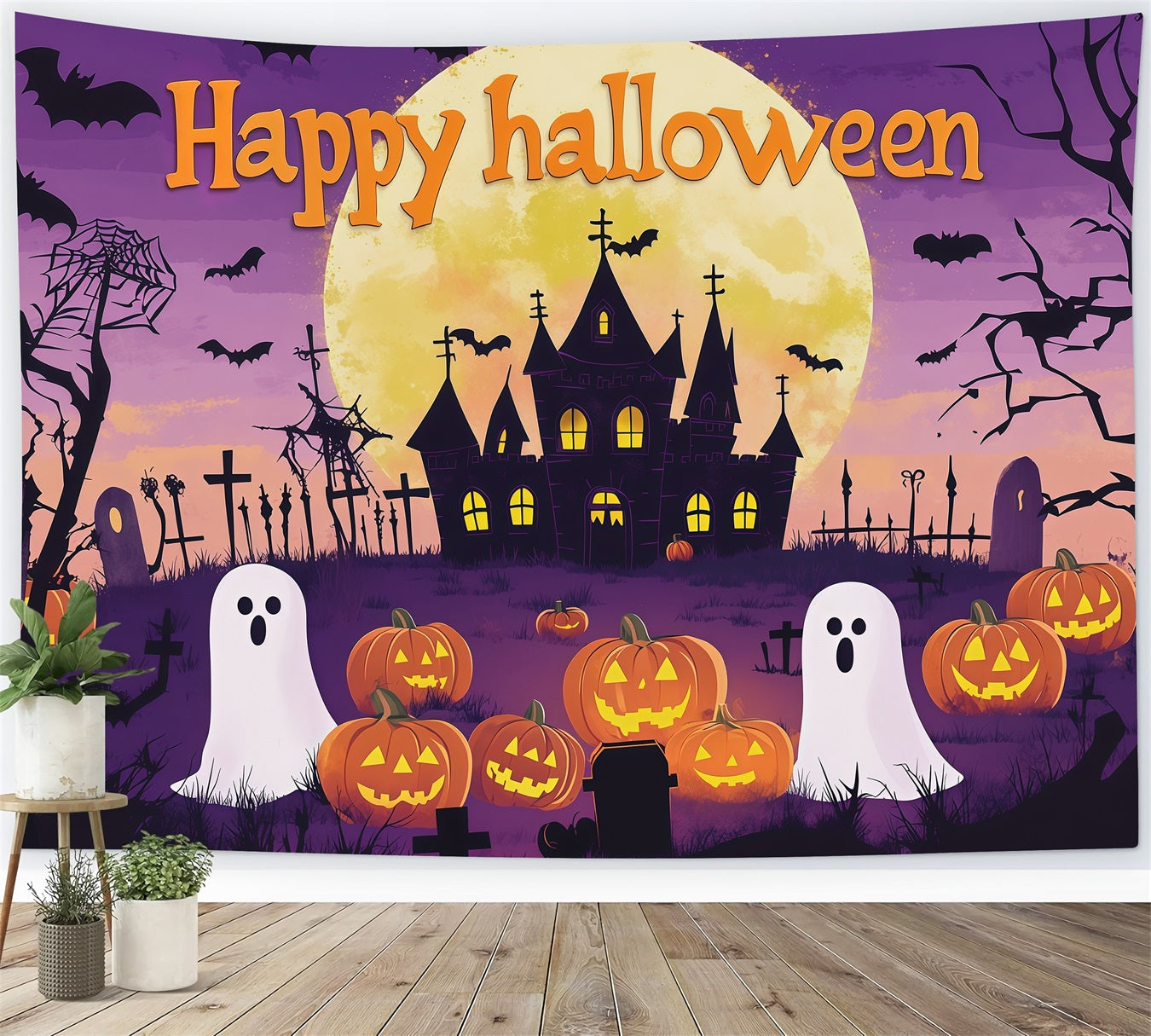 Halloween Party Picture Backdrop Purple Moon Ghost Pumpkins Halloween Backdrop RR67-51