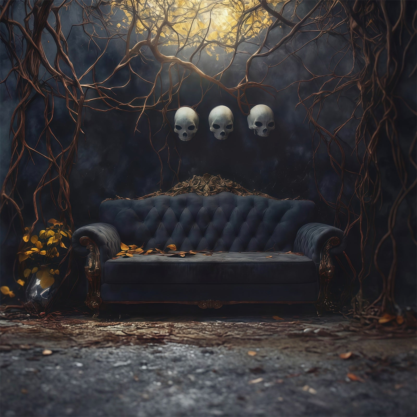 Halloween Theme Backdrop Skull Sofa Twisted Vines Halloween Backdrop For Photos RR67-54