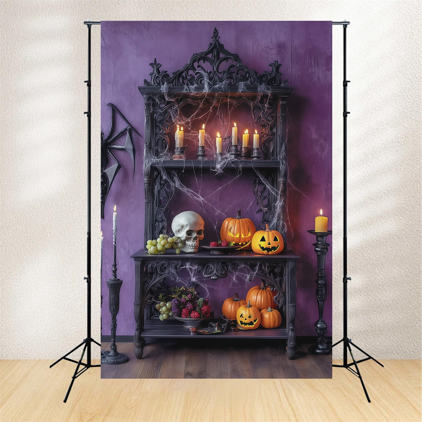 Halloween Themed Backdrops Purple Candle Skull Shelf Halloween Backdrop Ideas RR67-55