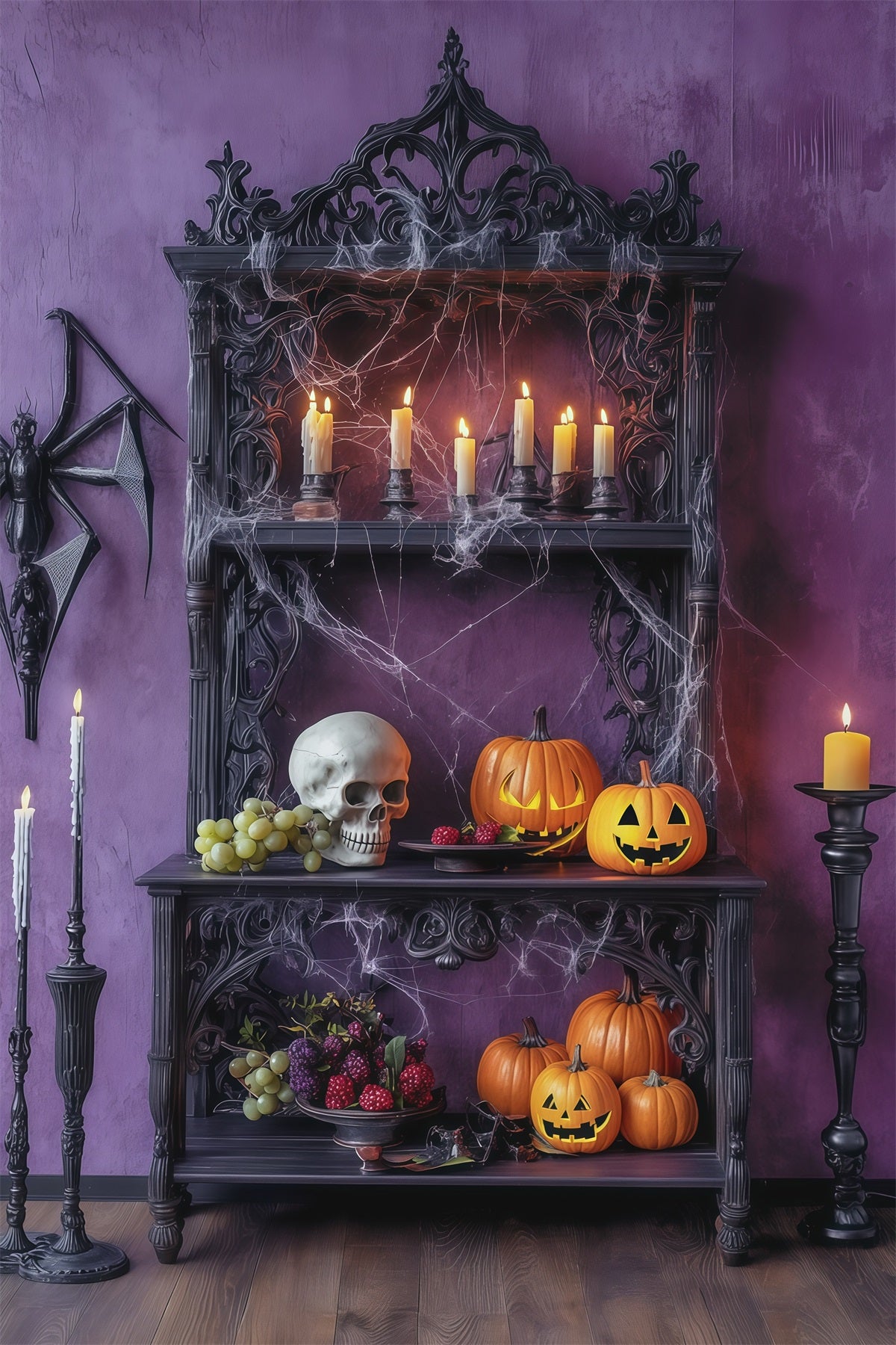 Halloween Themed Backdrops Purple Candle Skull Shelf Halloween Backdrop Ideas RR67-55