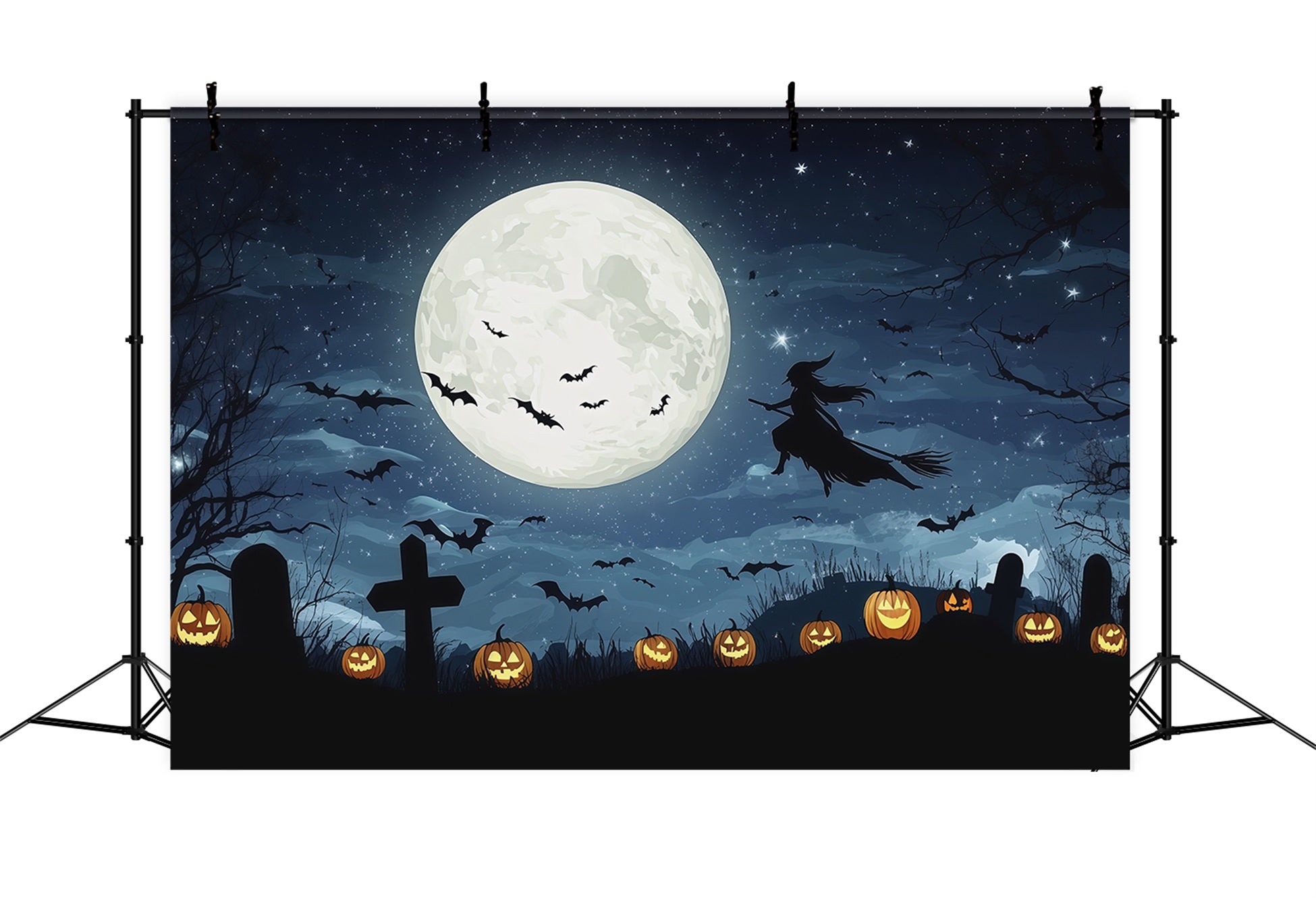 Halloween Moon Backdrop Moonlit Witch Graveyard Pumpkins Halloween Photo Backdrops RR67-58