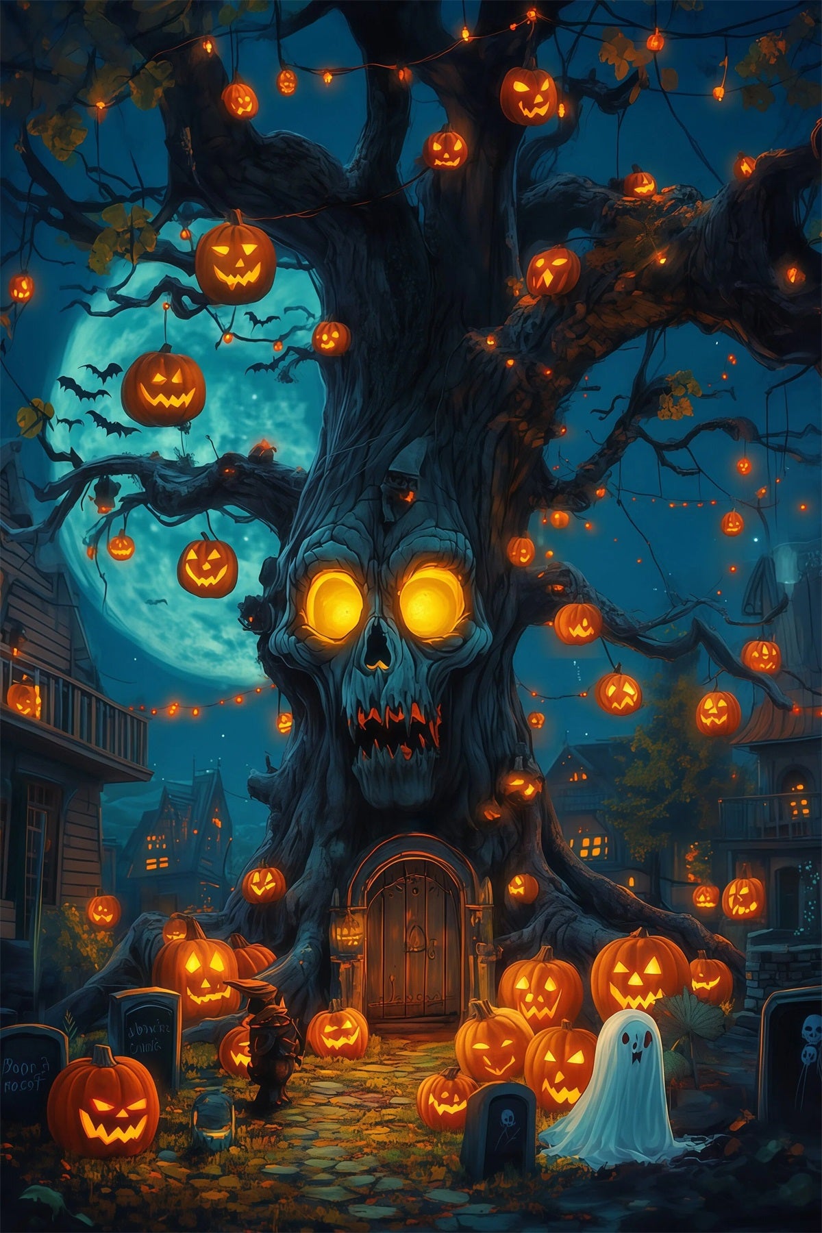 Outdoor Halloween Backdrop Skull Tree Pumpkin Lanterns Spooky Halloween Backdrop RR67-59