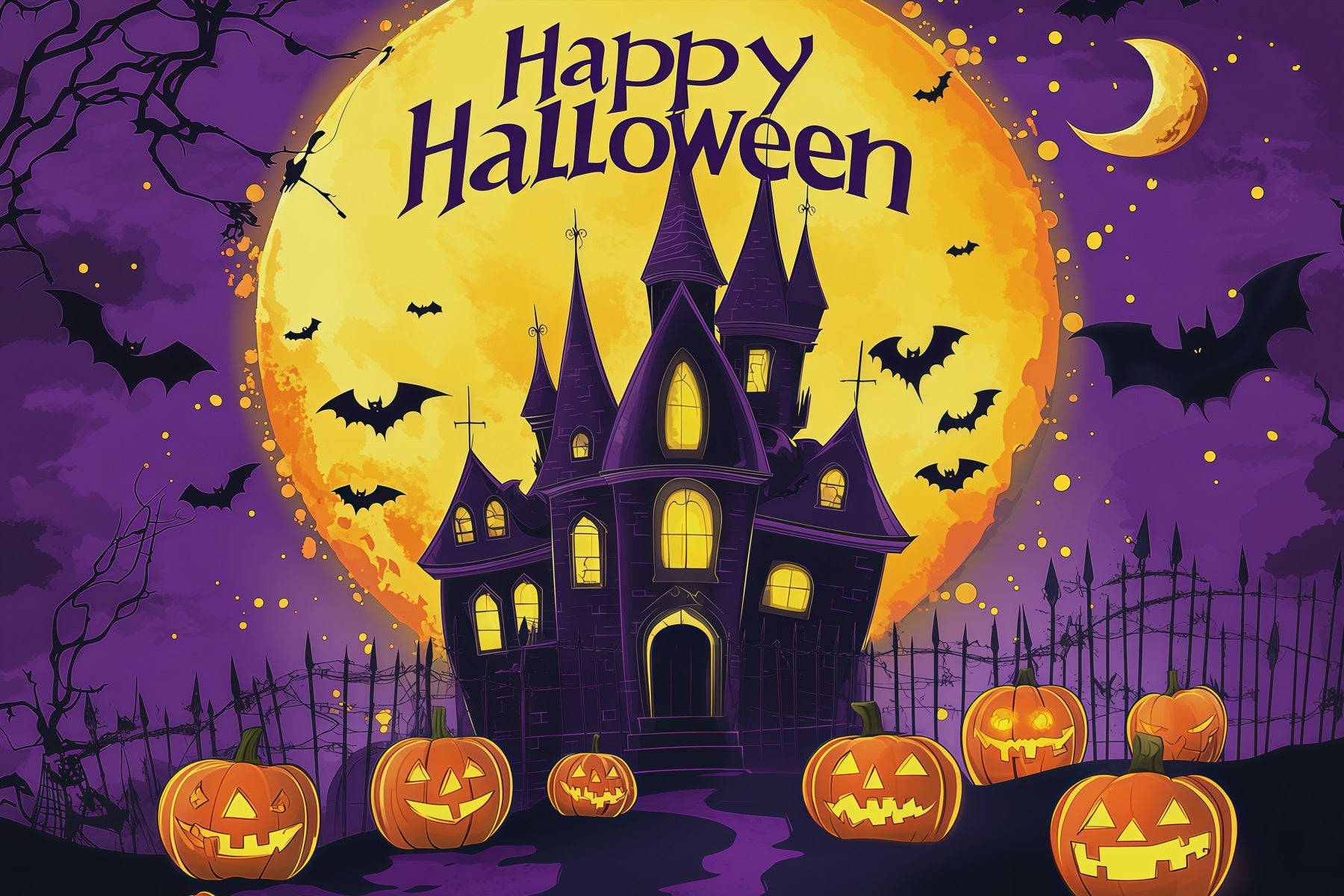 Cute Halloween Backdrops Purple Castle Pumpkin Moon Halloween Backdrops & Scene Setters RR67-6