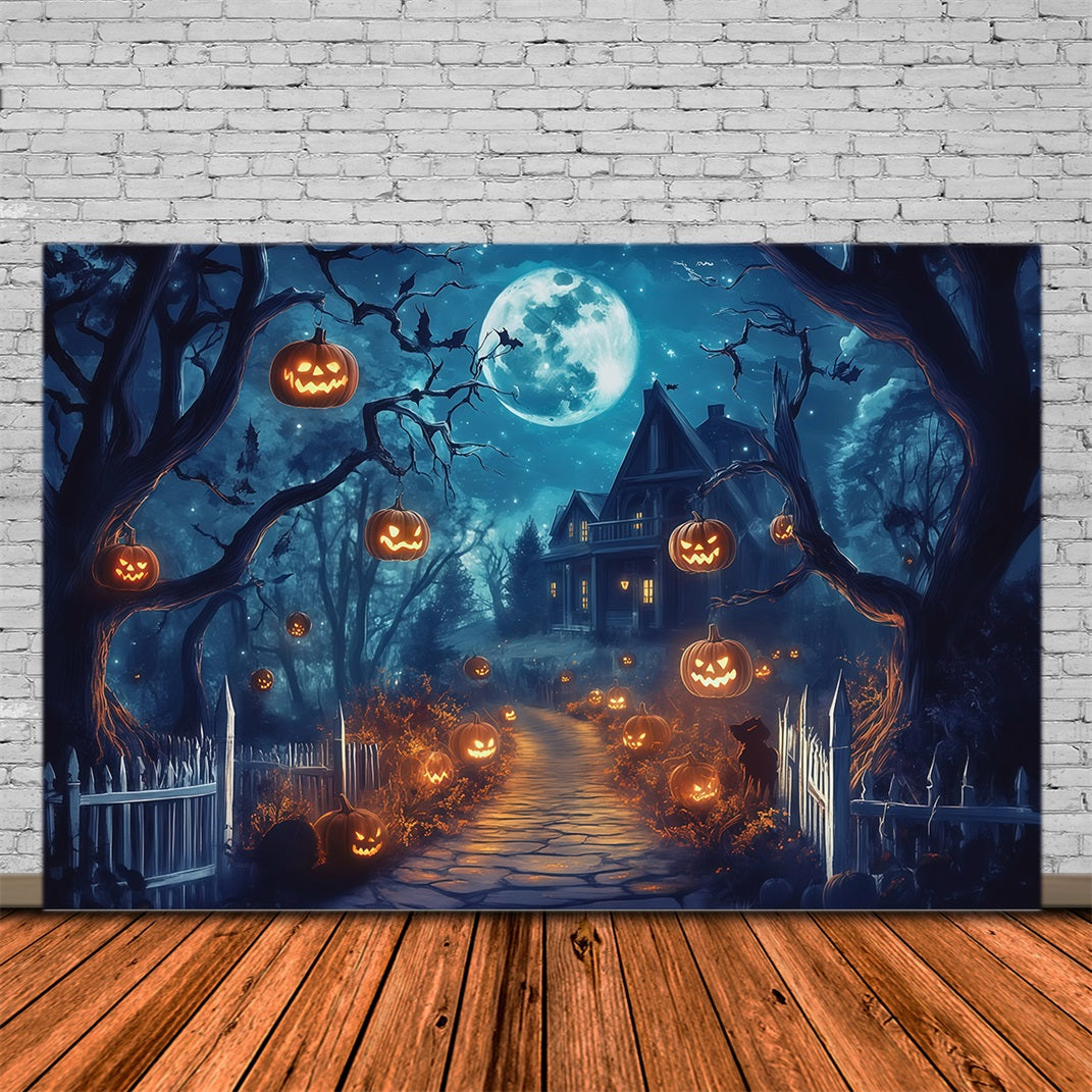 Halloween Outdoor Backdrop Moonlit Pumpkin House Path Halloween Backdrops For Photos RR67-61