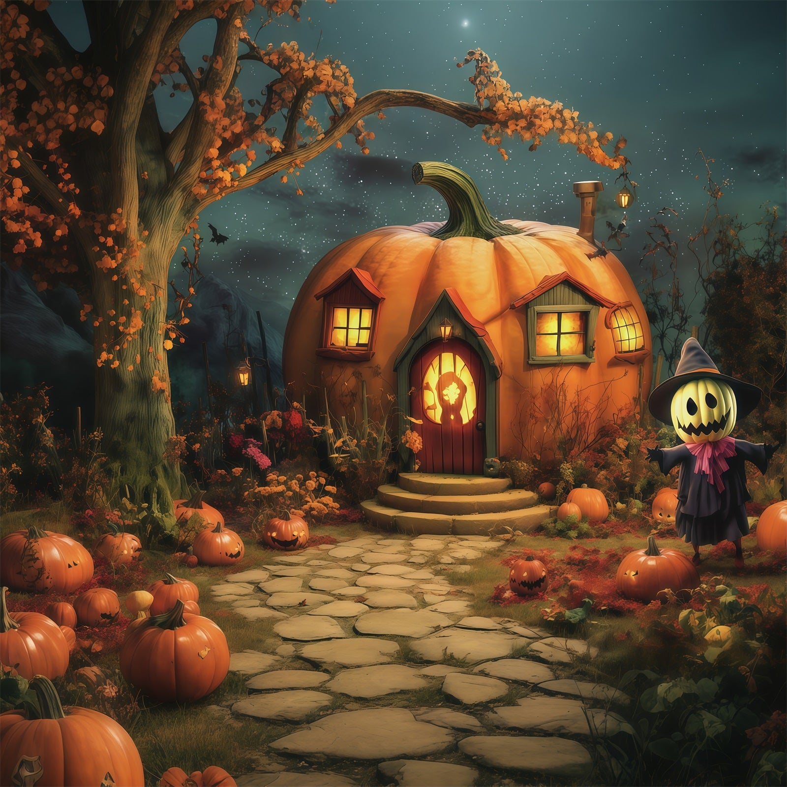 Halloween Pumpkin Backdrop Pumpkin Cottage Scarecrow Garden Halloween Photo Backdrop Ideas RR67-62