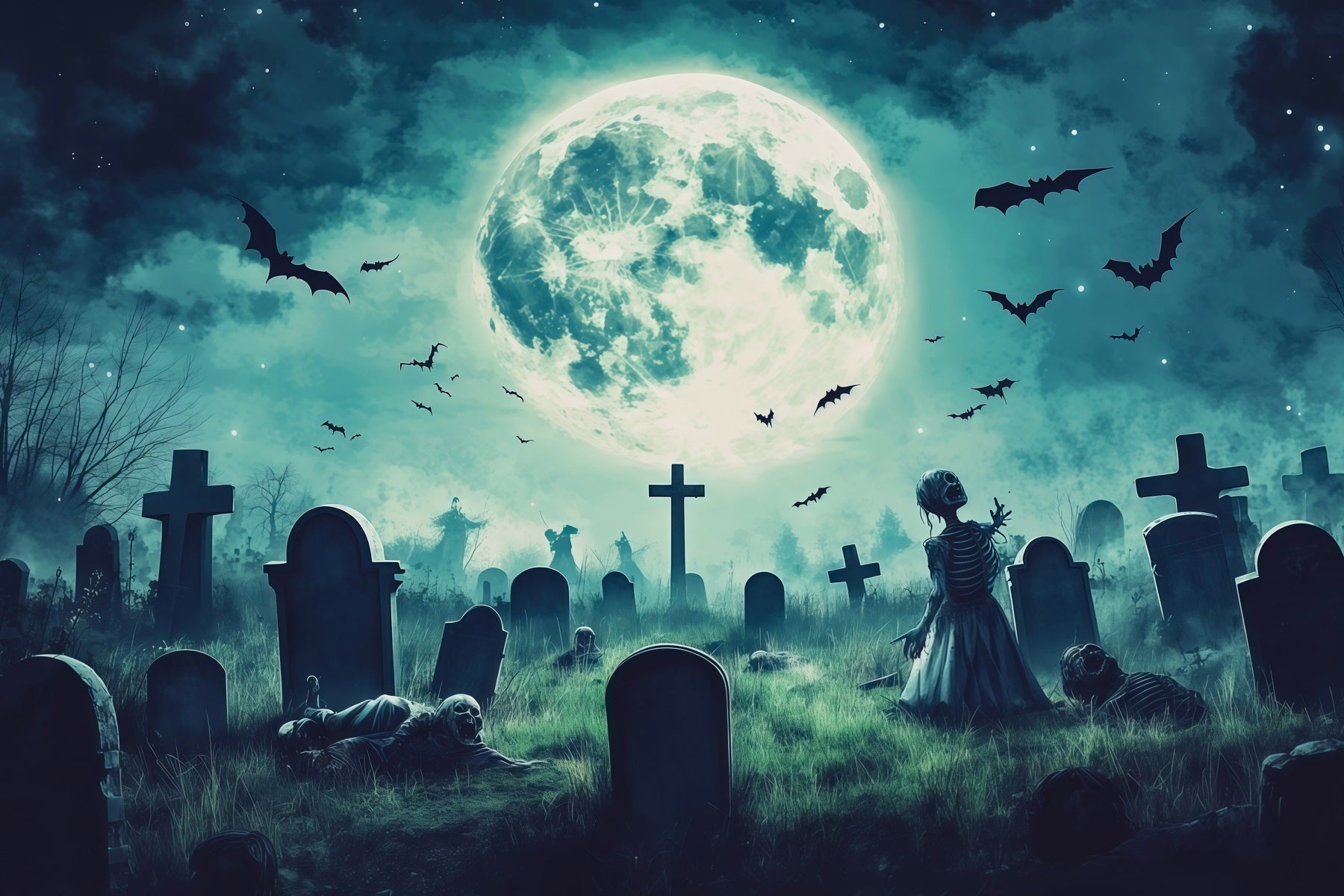 Custom Halloween Backdrop Moonlit Zombie Graveyard Bats Halloween Graveyard Backdrop RR67-64