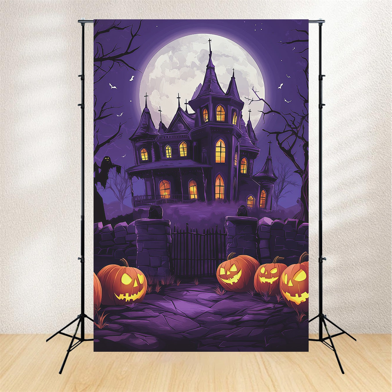 Halloween Castle Backdrop Purple Moon Mansion Pumpkins Large Halloween Backdrop RR67-66