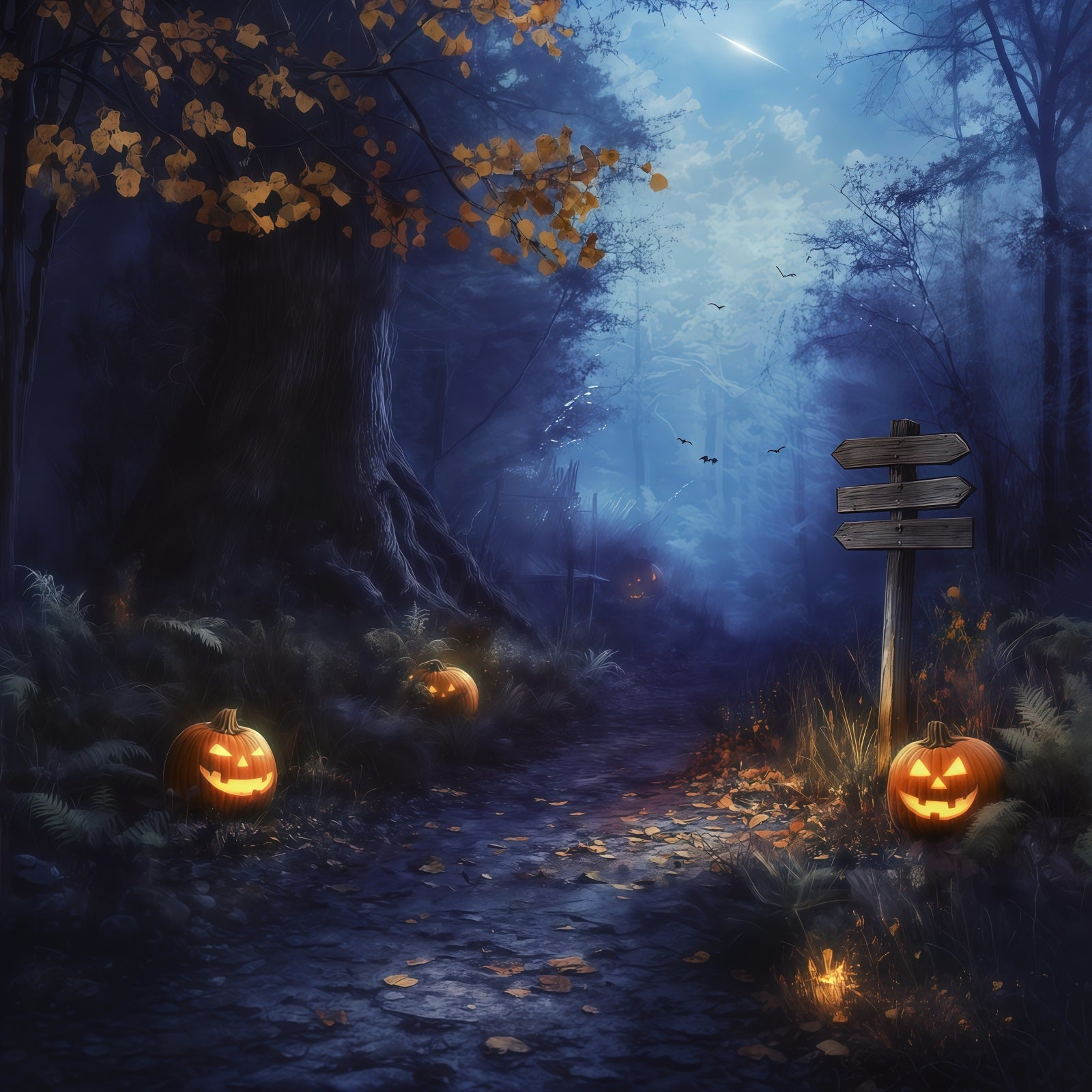 Fall Halloween Backdrop Foggy Forest Pumpkin Path Scary Halloween Backdrops RR67-67