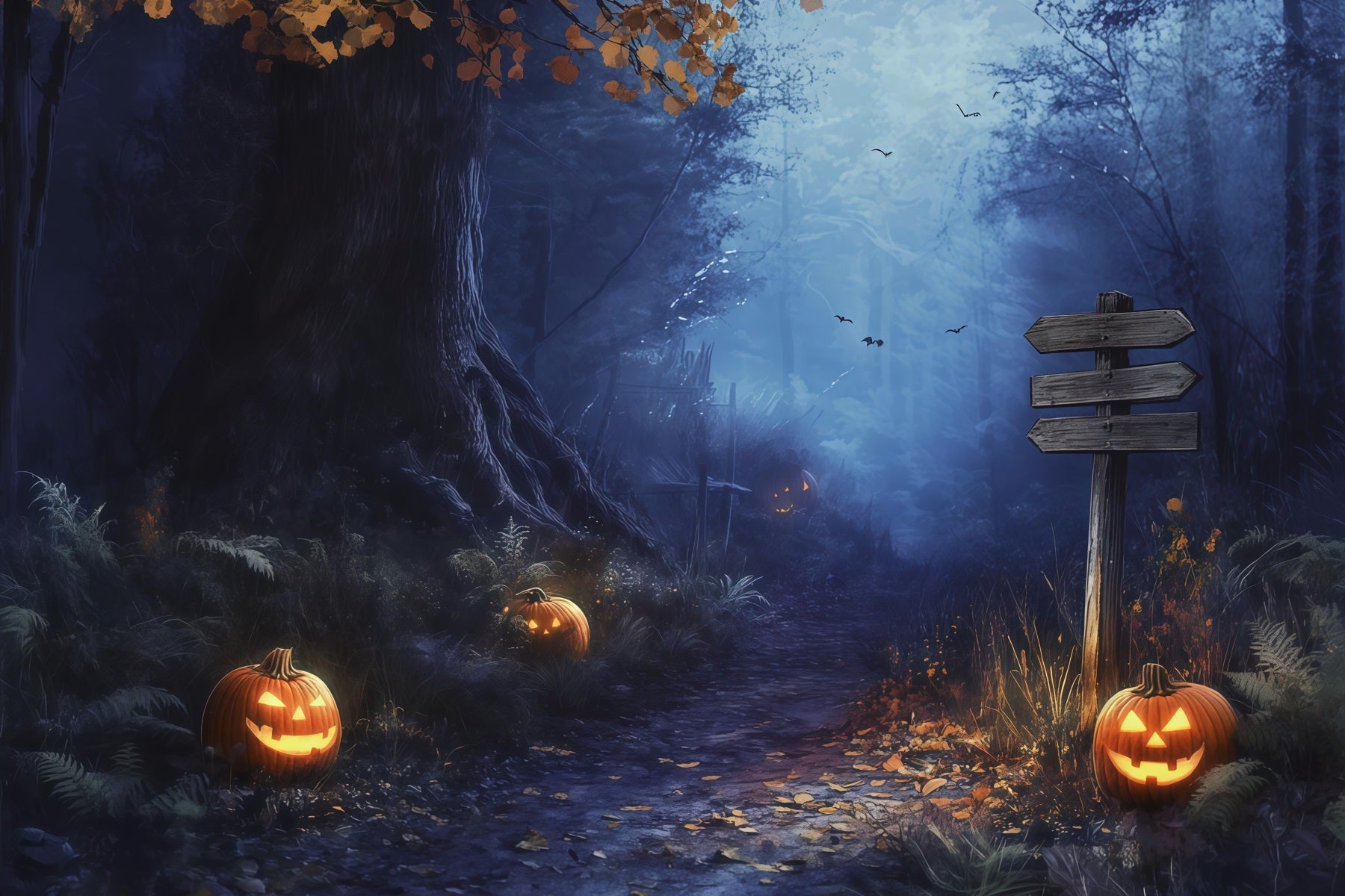 Fall Halloween Backdrop Foggy Forest Pumpkin Path Scary Halloween Backdrops RR67-67