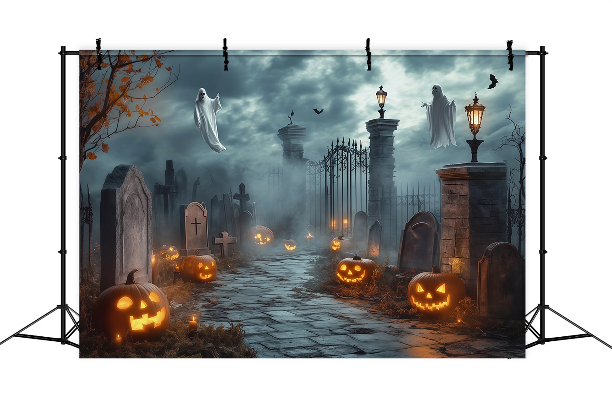 Halloween Ghost Backdrop Ghostly Cemetery Gate Pumpkins Scary Halloween Backdrop RR67-68
