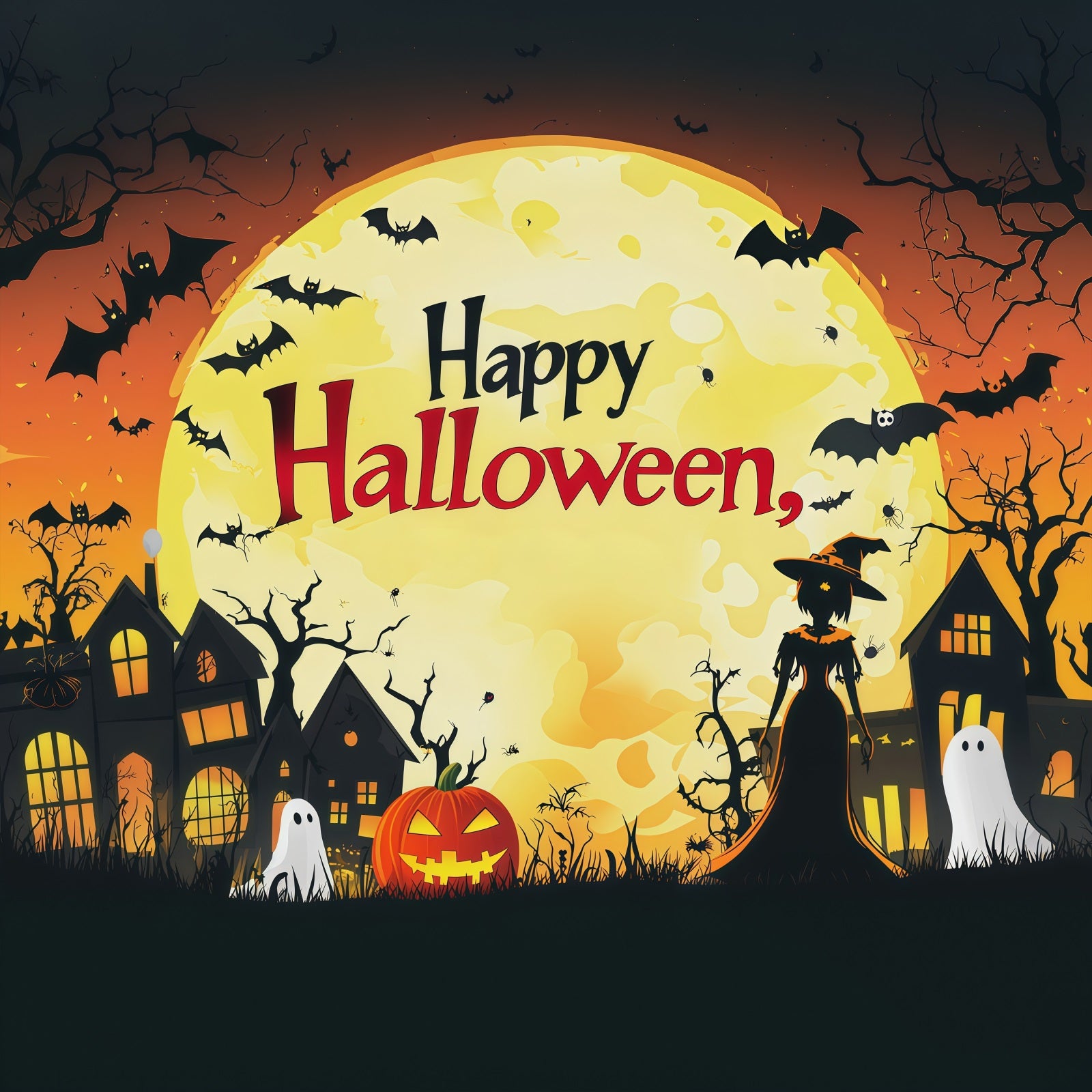 Backdrop Halloween Photo Booth Orange Moon Witch Town Halloween Party Photo Backdrop RR67-70