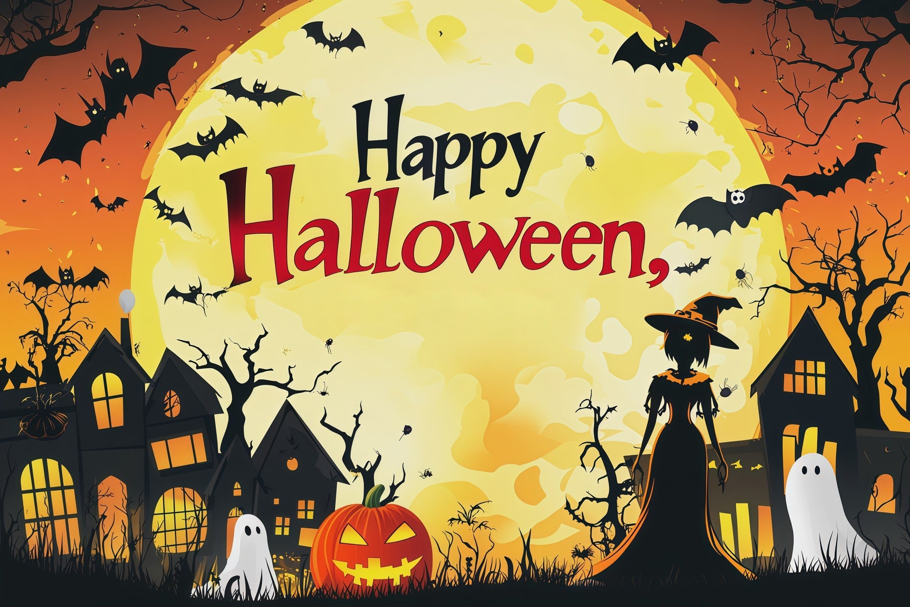 Backdrop Halloween Photo Booth Orange Moon Witch Town Halloween Party Photo Backdrop RR67-70