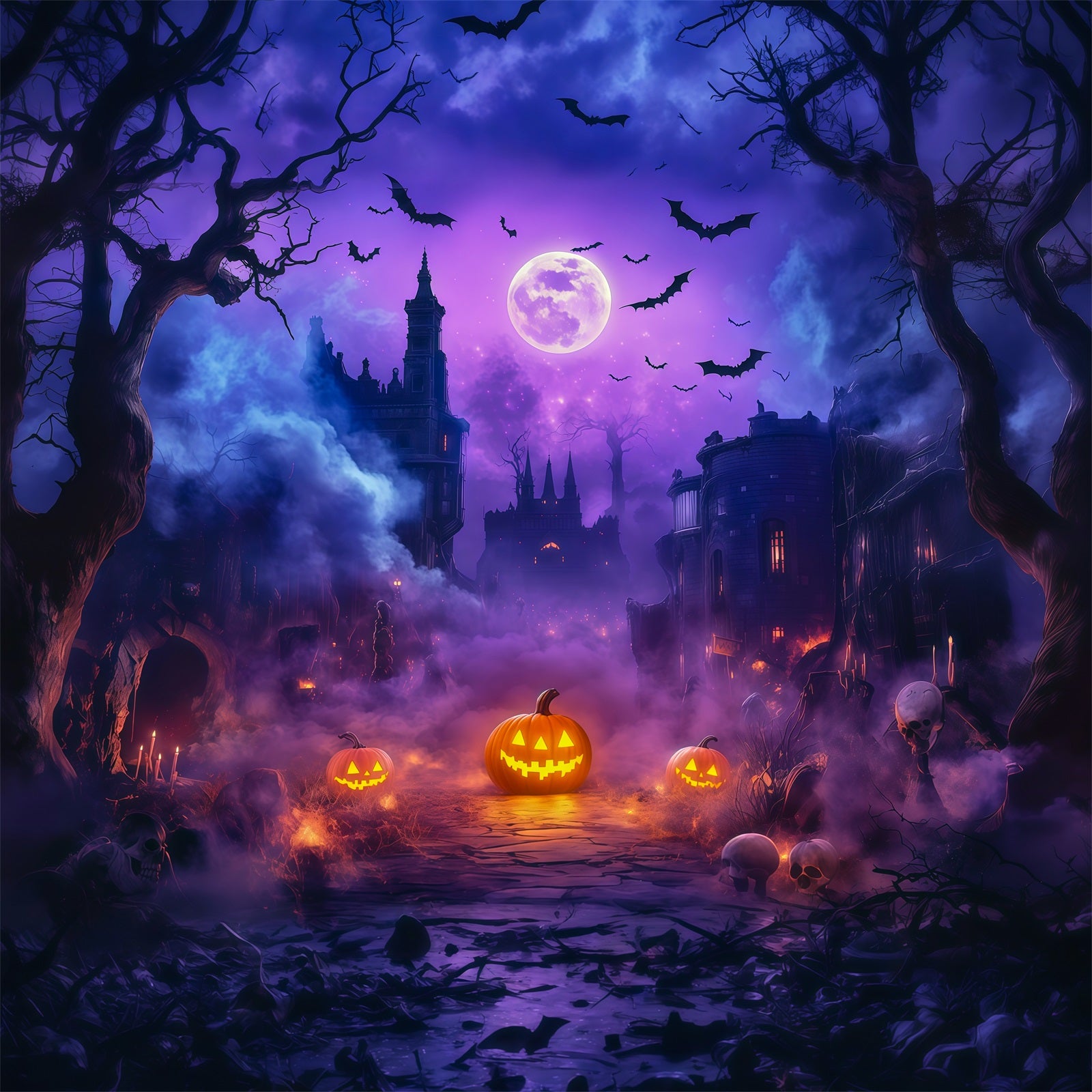 Halloween Backdrop Outdoor Purple Moon Pumpkin Castle Photo Backdrop Halloween RR67-71