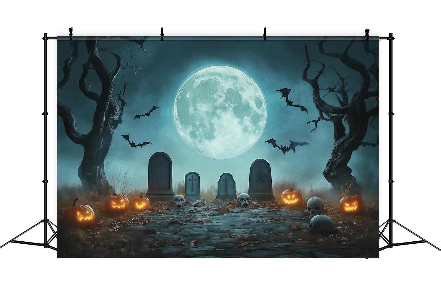Halloween Graveyard Backdrops Moonlit Pumpkin Cemetery Path Photo Booth Halloween Backdrop RR67-72