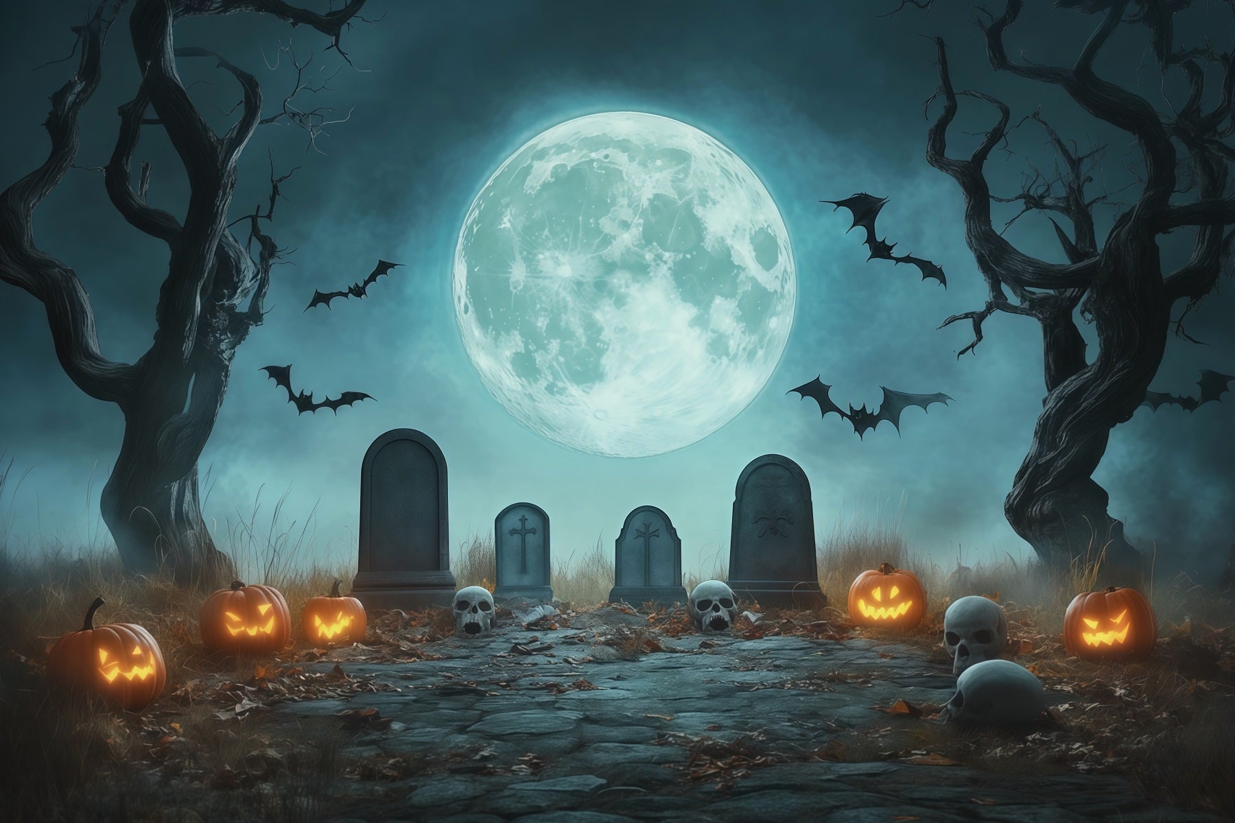 Halloween Graveyard Backdrops Moonlit Pumpkin Cemetery Path Photo Booth Halloween Backdrop RR67-72