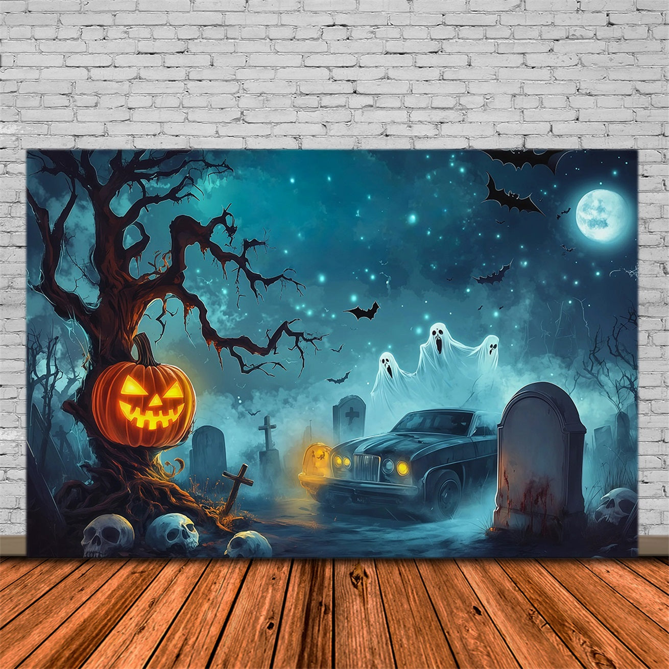 Halloween Garage Backdrop Pumpkin Ghost Graveyard Car Backdrops For Halloween RR67-75