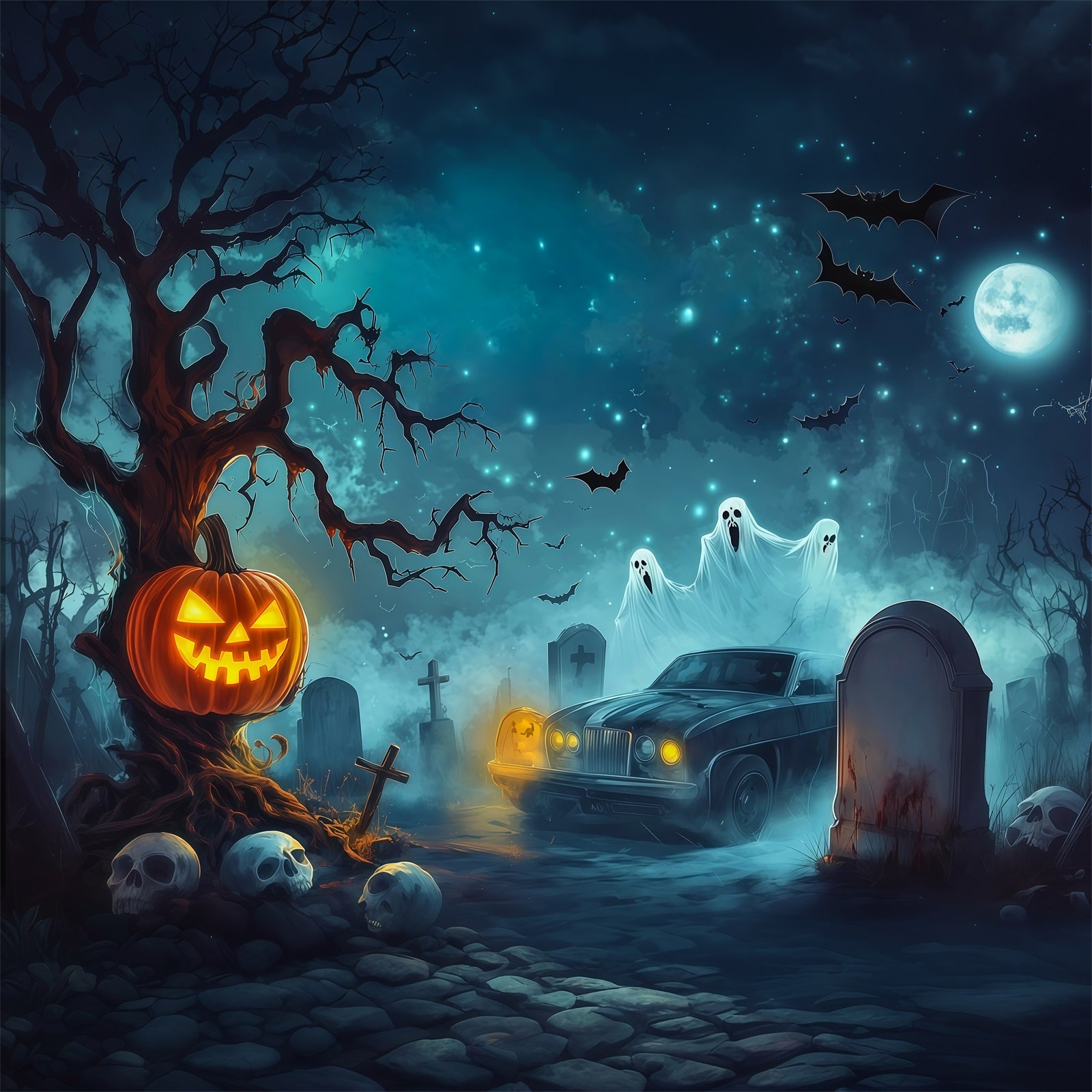 Halloween Garage Backdrop Pumpkin Ghost Graveyard Car Backdrops For Halloween RR67-75