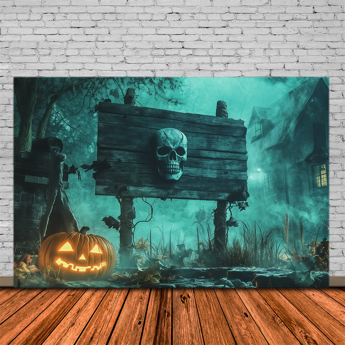 Scary Halloween Backdrop Ideas Skull Sign Pumpkin Fog Halloween Photoshoot Backdrop RR67-78