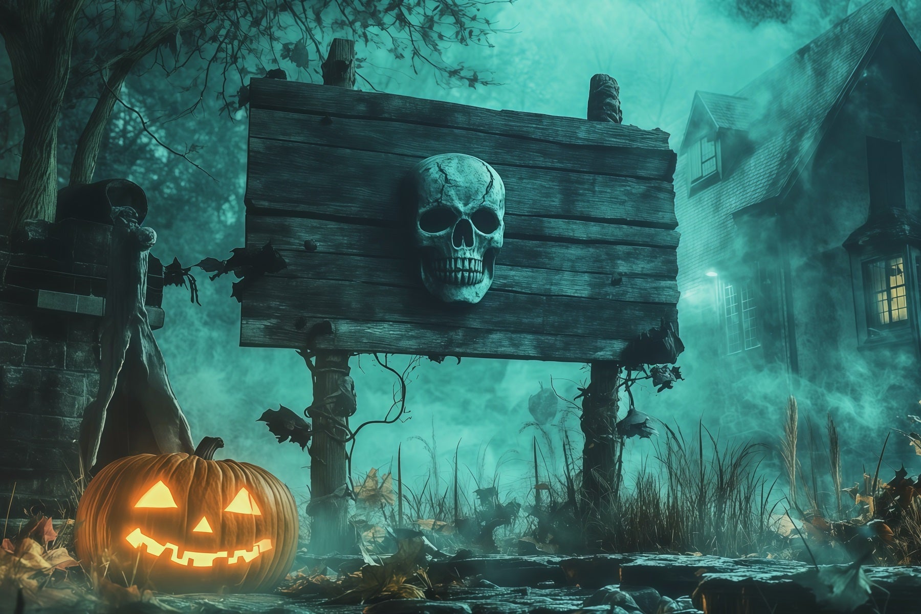 Scary Halloween Backdrop Ideas Skull Sign Pumpkin Fog Halloween Photoshoot Backdrop RR67-78