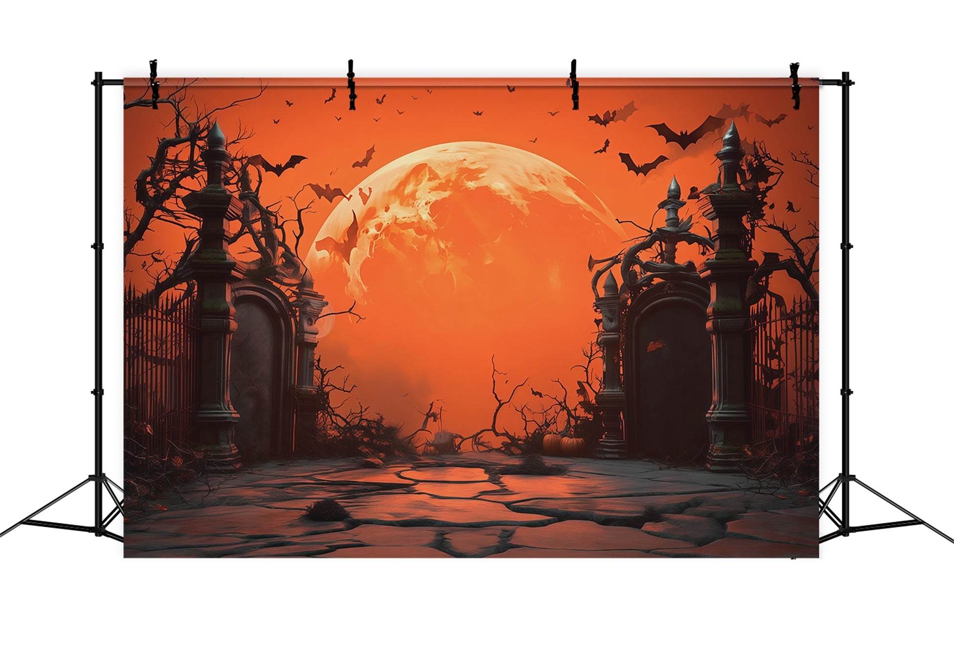 Halloween Moon Backdrop Orange Moon Cemetery Gate Halloween Photo Backdrops RR67-8