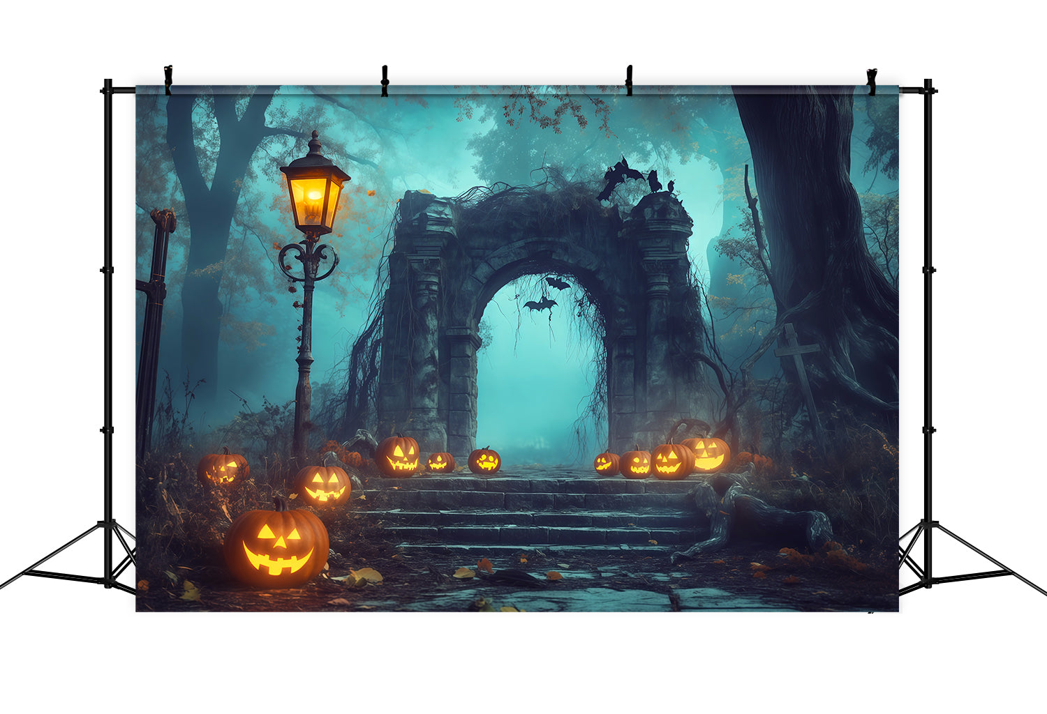 Halloween Forest Backdrop Pumpkin Stone Archway Fog Vintage Halloween Backdrop RR67-82