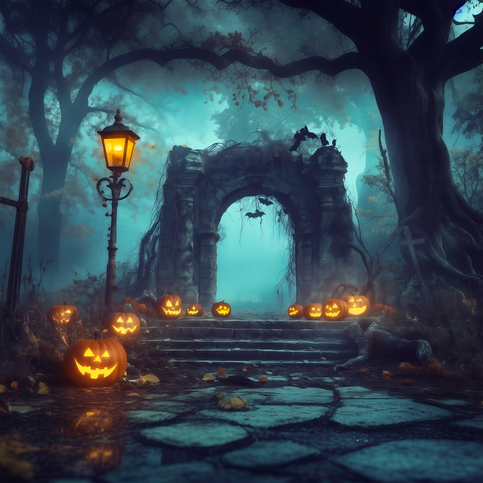 Halloween Forest Backdrop Pumpkin Stone Archway Fog Vintage Halloween Backdrop RR67-82