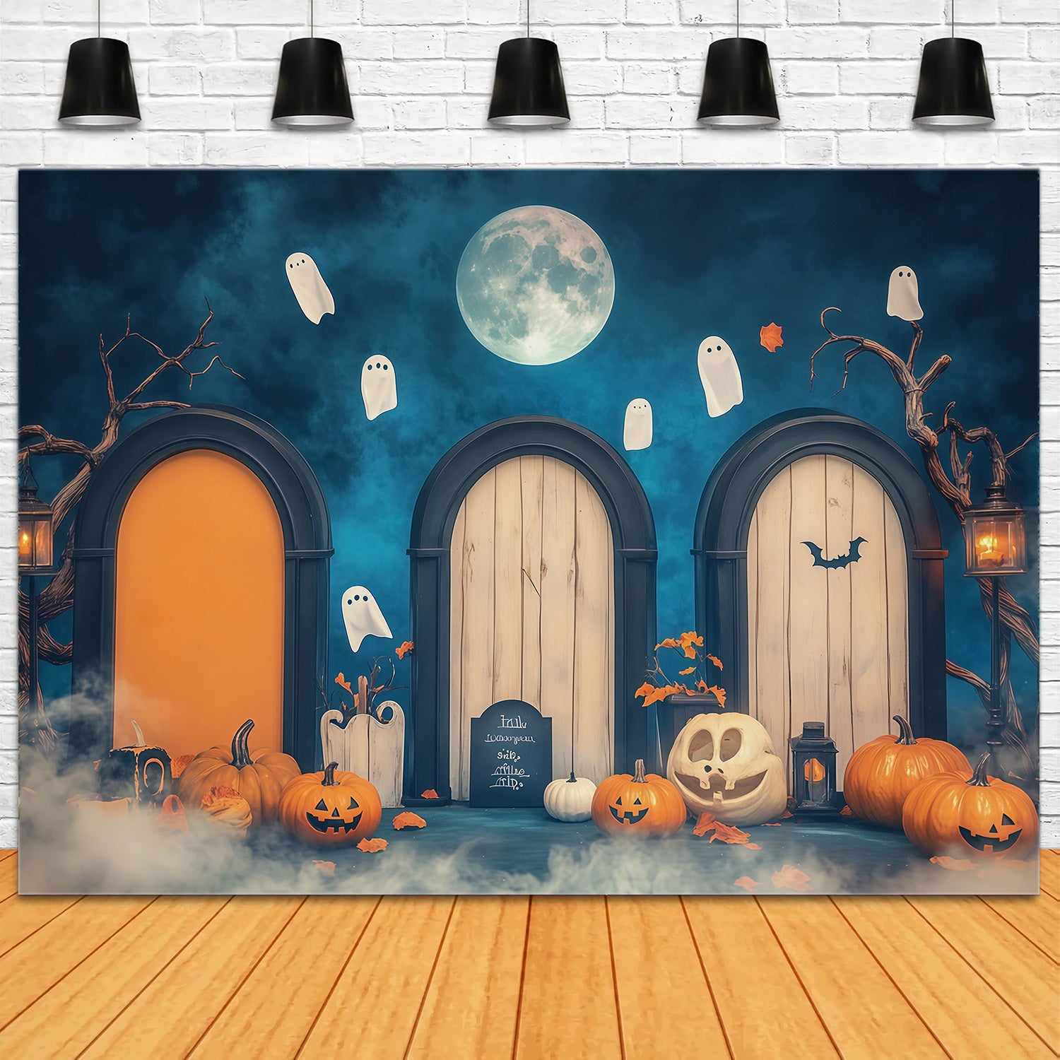 Halloween Arch Backdrop Moonlit Ghost Doorway Pumpkins Large Halloween Backdrops RR67-83