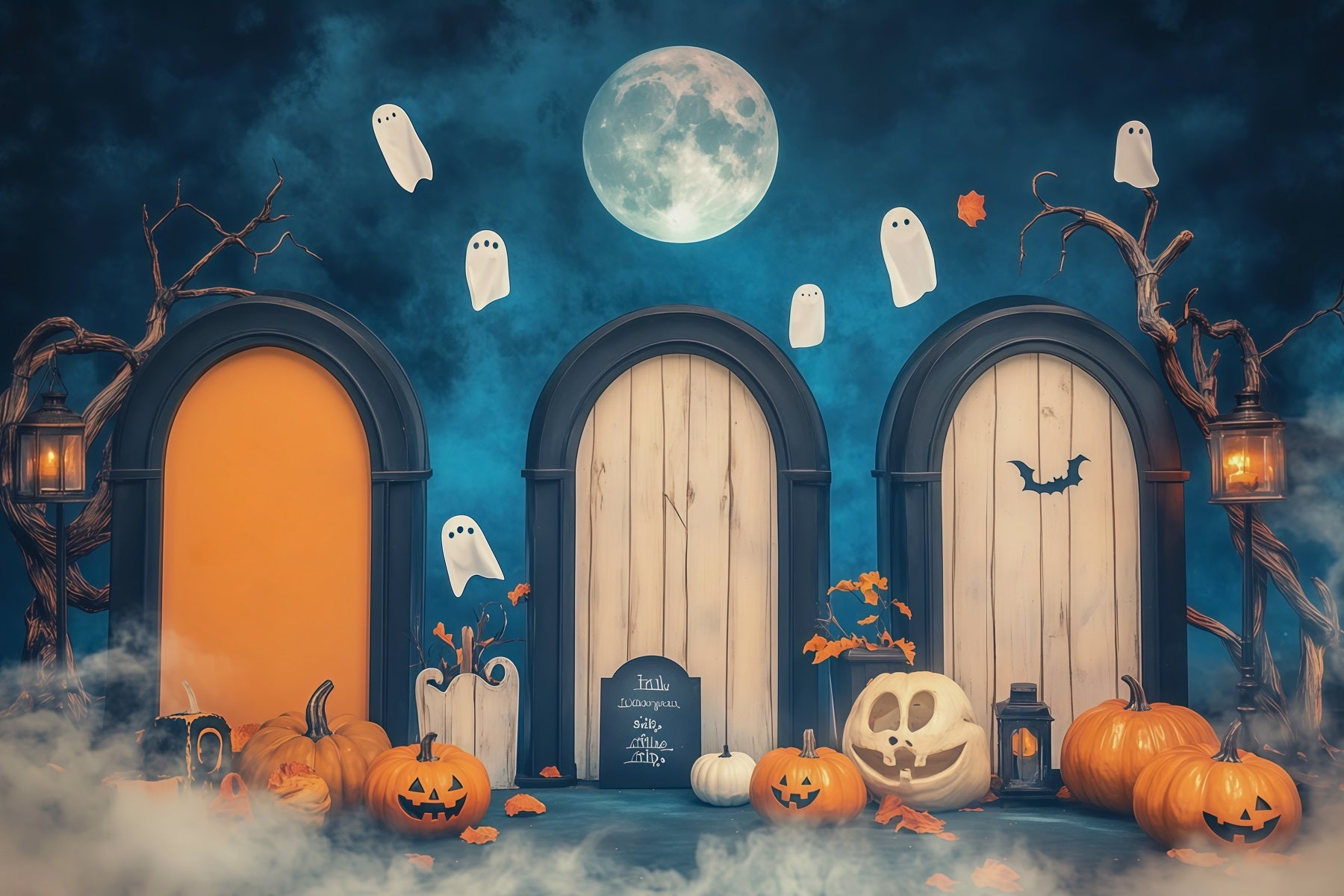Halloween Arch Backdrop Moonlit Ghost Doorway Pumpkins Large Halloween Backdrops RR67-83